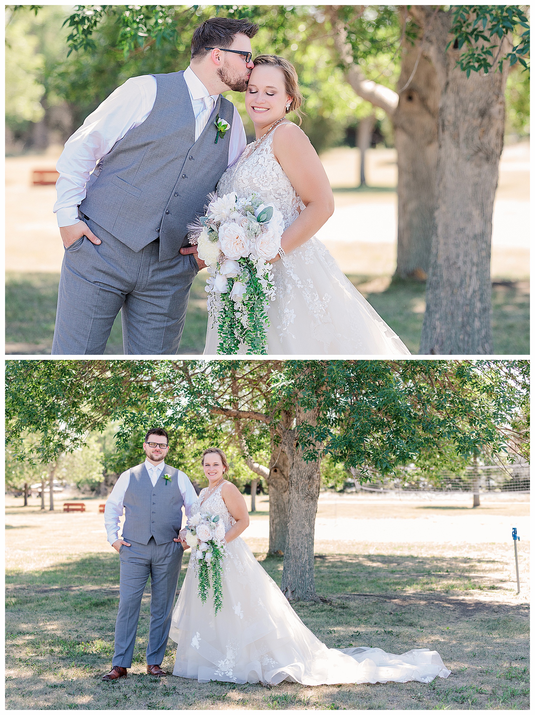 groom and bride with pink and cream cascading bouque.  summer wedding at Lake Sakakawea