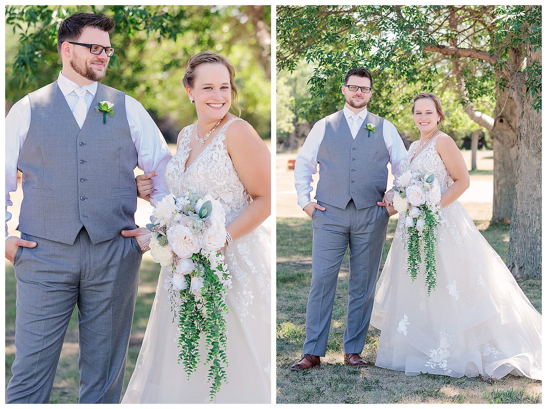 groom and bride with cascading bouquet