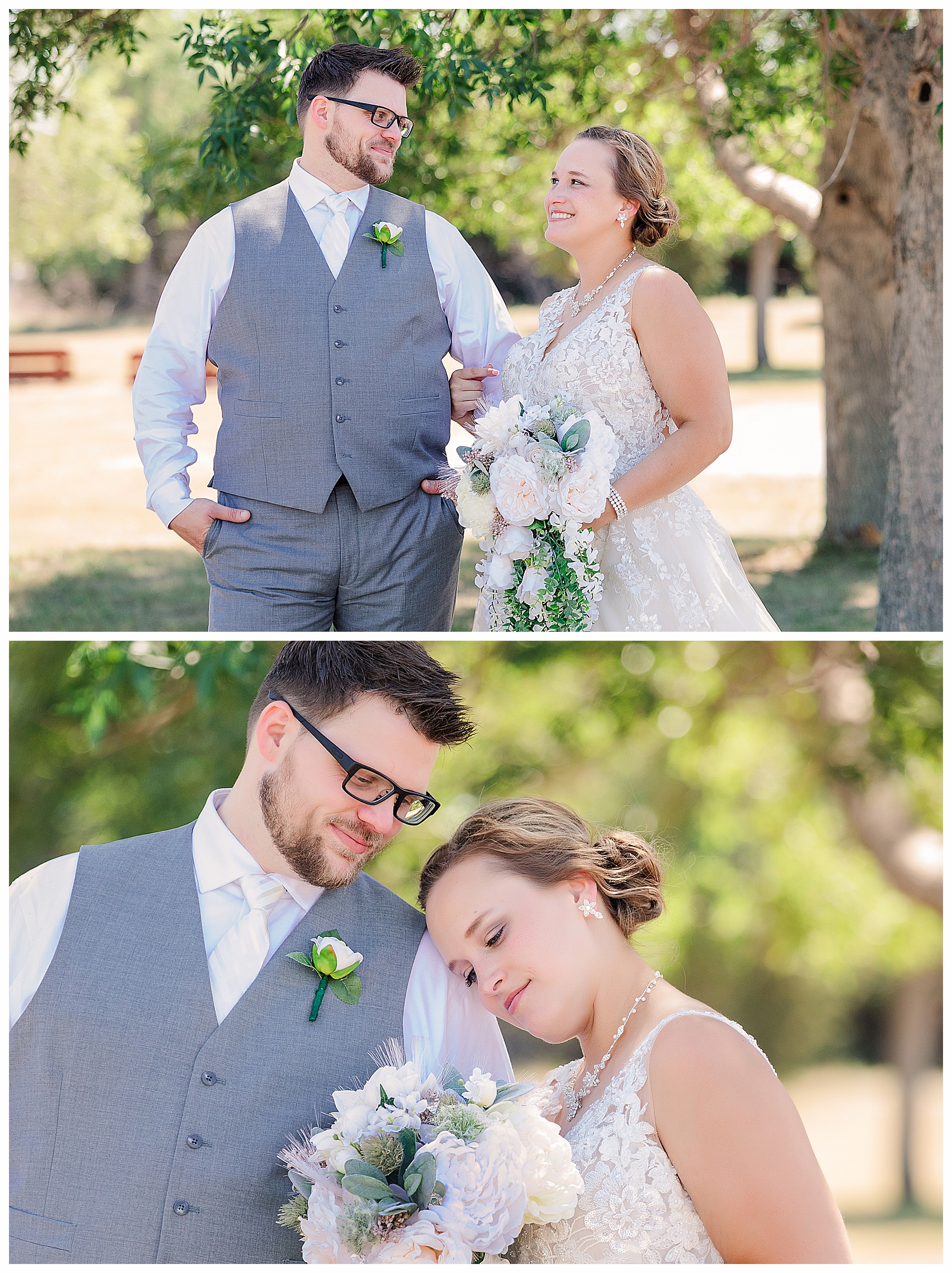 Bride and groom in bight sunshine