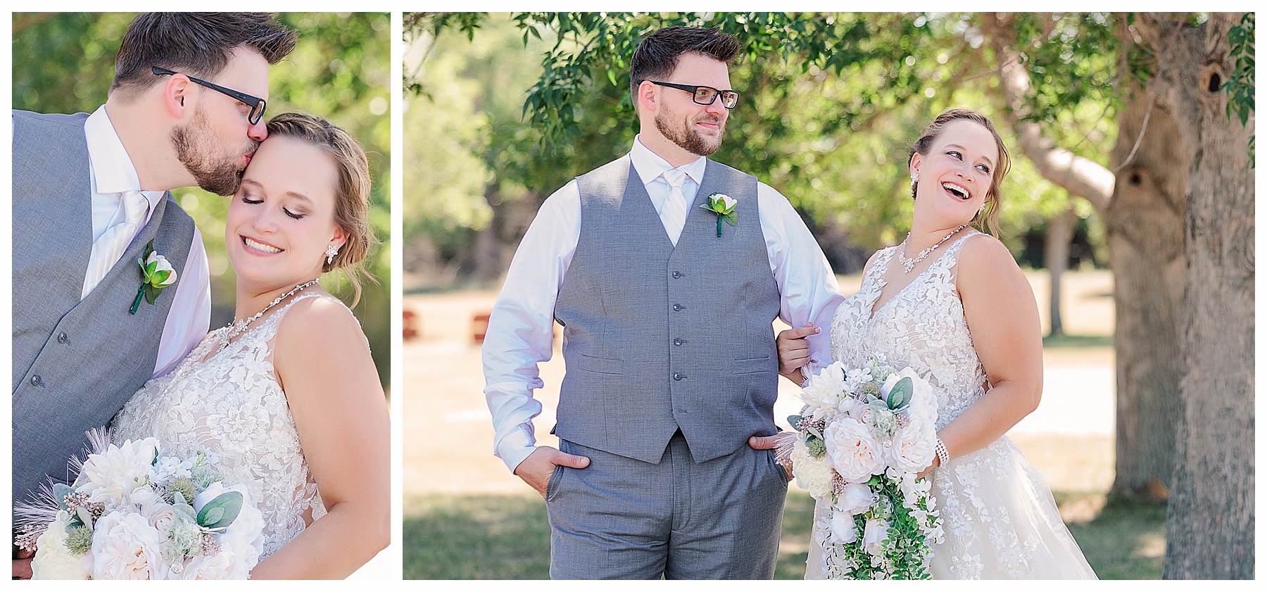 groom and bride with pink and cream cascading bouque