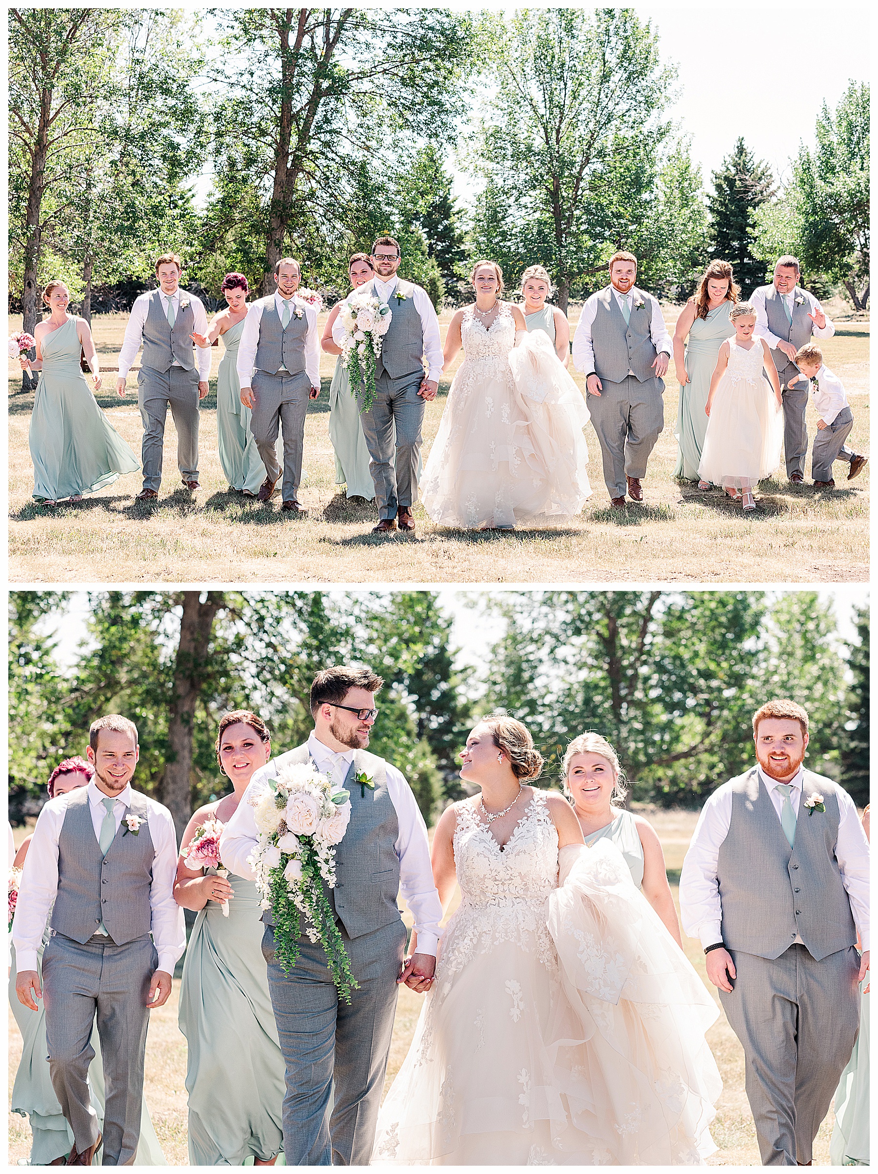 Wedding party at summer wedding at the lake.  Groom holding bouquet 