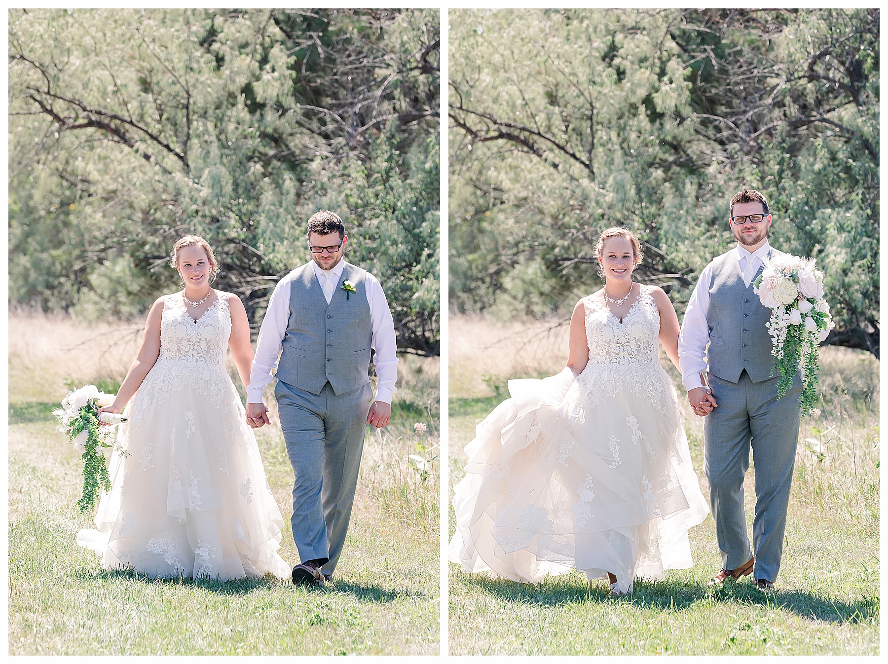 bride and groom carrying bouquet and and walking together