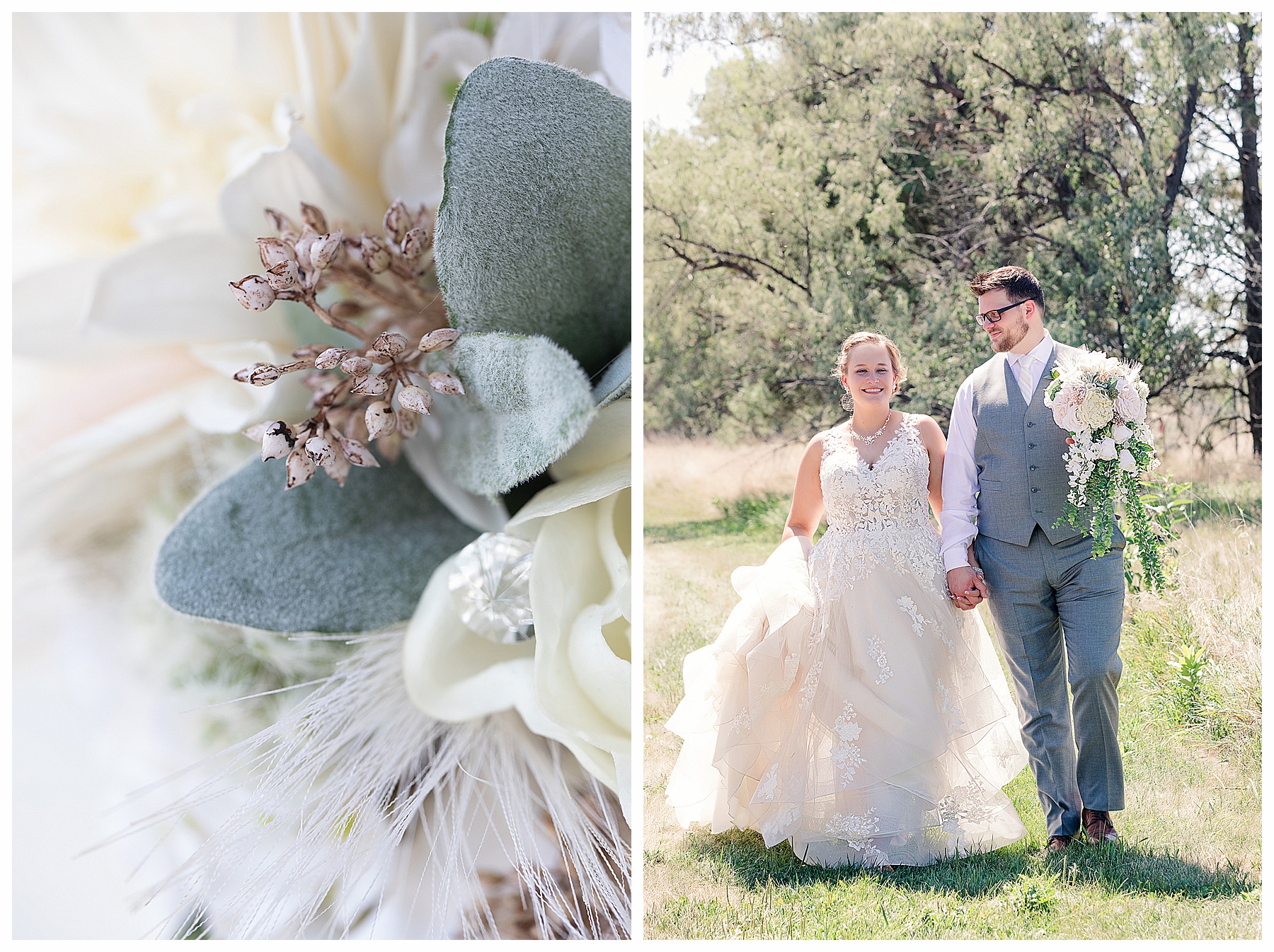 bride and groom carrying bouquet and and walking together.  Summer wedding at Lake Sakakawea