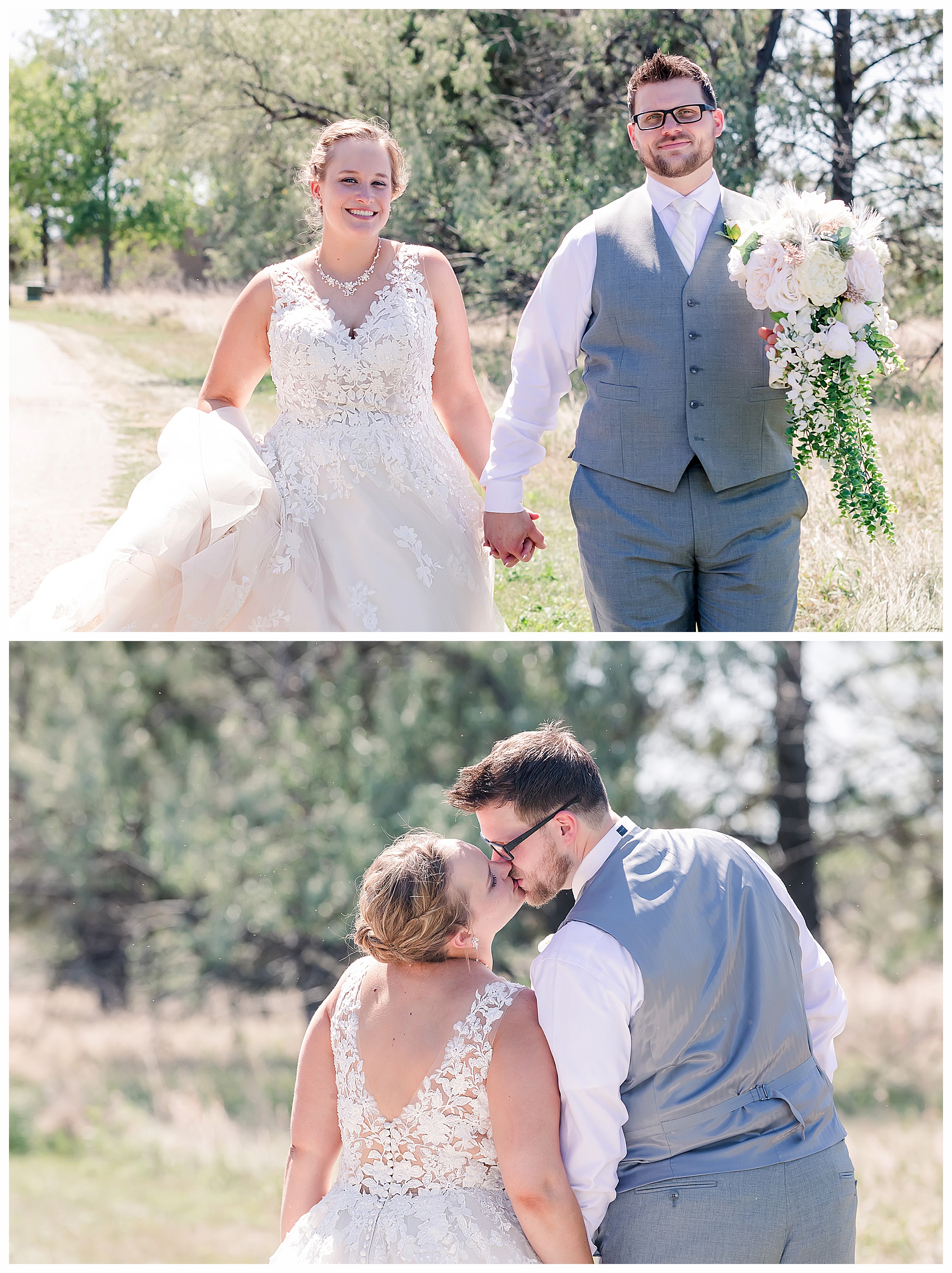 bride and groom carrying bouquet and and walking together