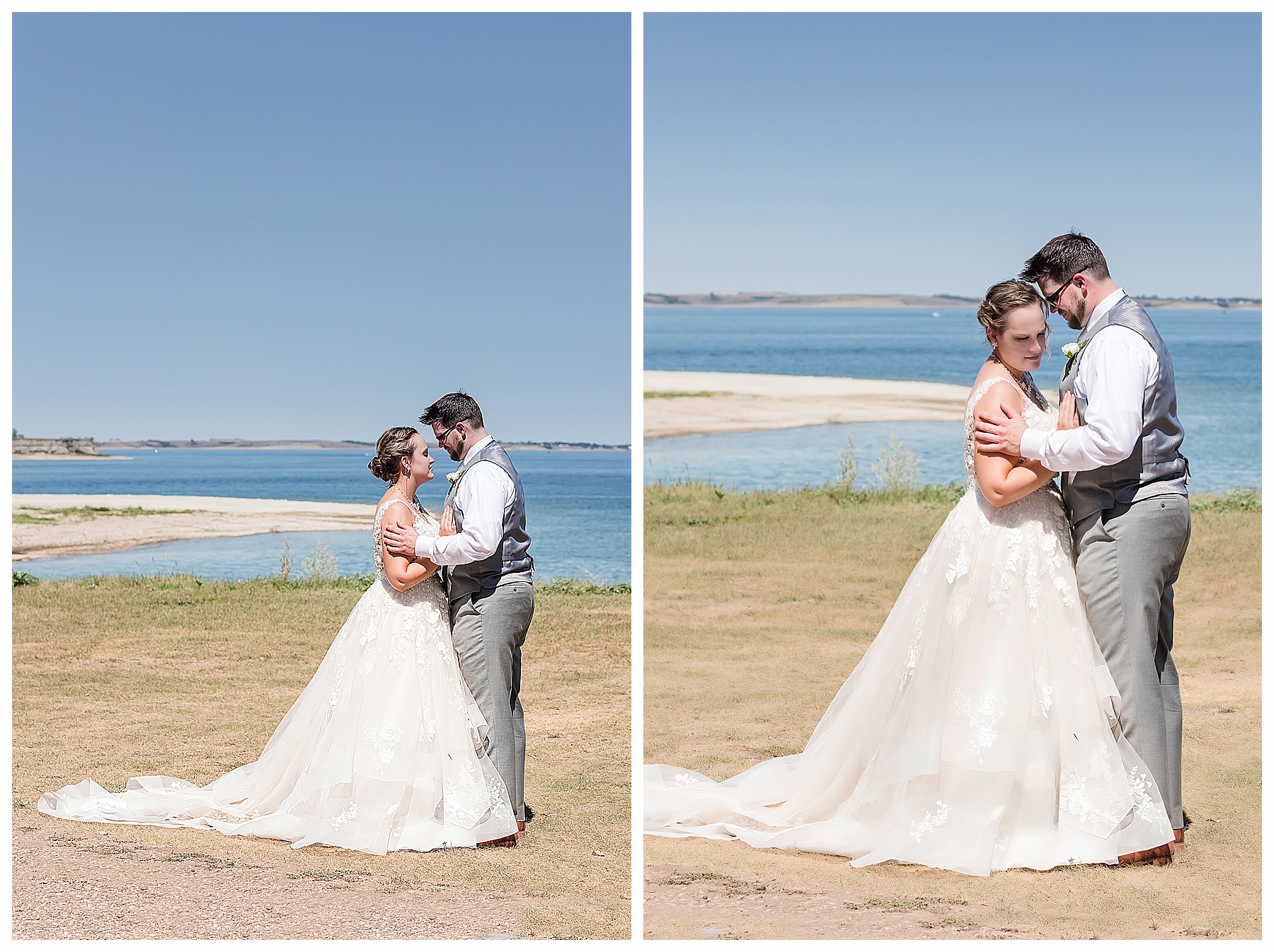 Bride and groom at wedding by the lake