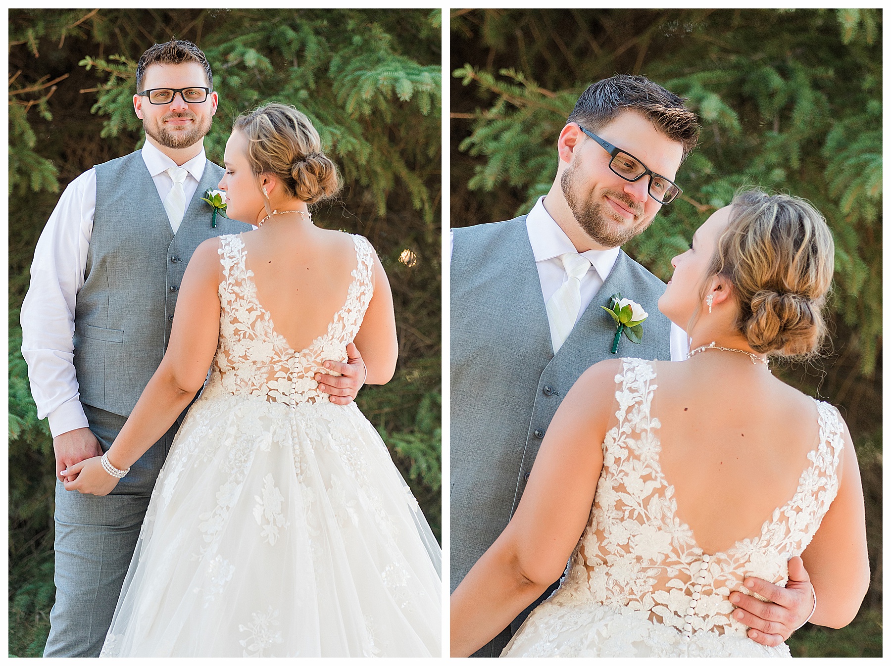 photo of back of bride and front of groom looking at her