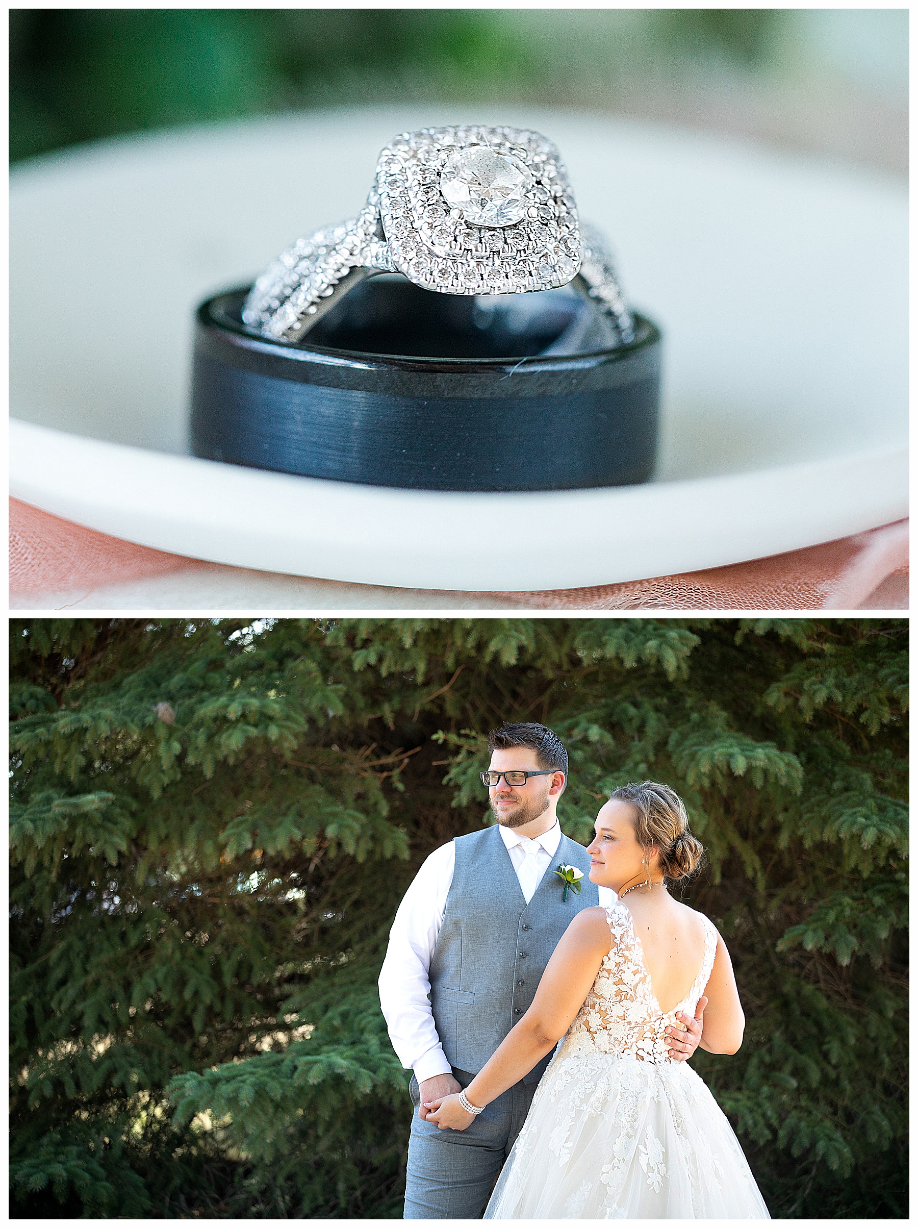 Close up wedding rings on small dish