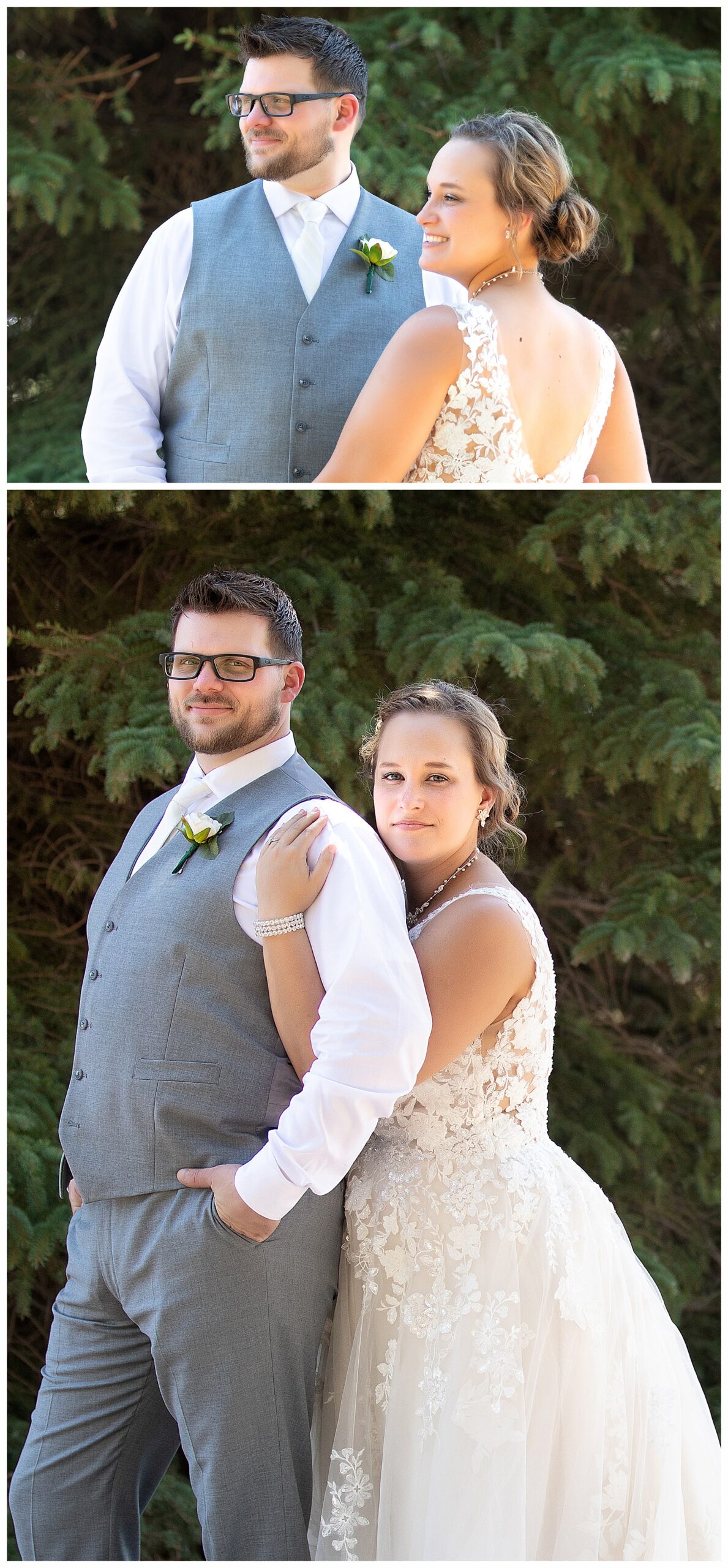 Bride and groom wearing glasses look away from camera