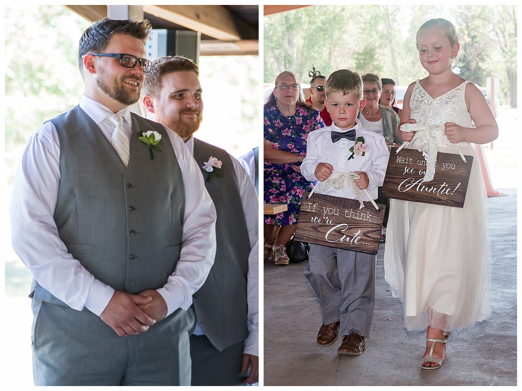 groom watches flower girl and ring bearer walk down the isle