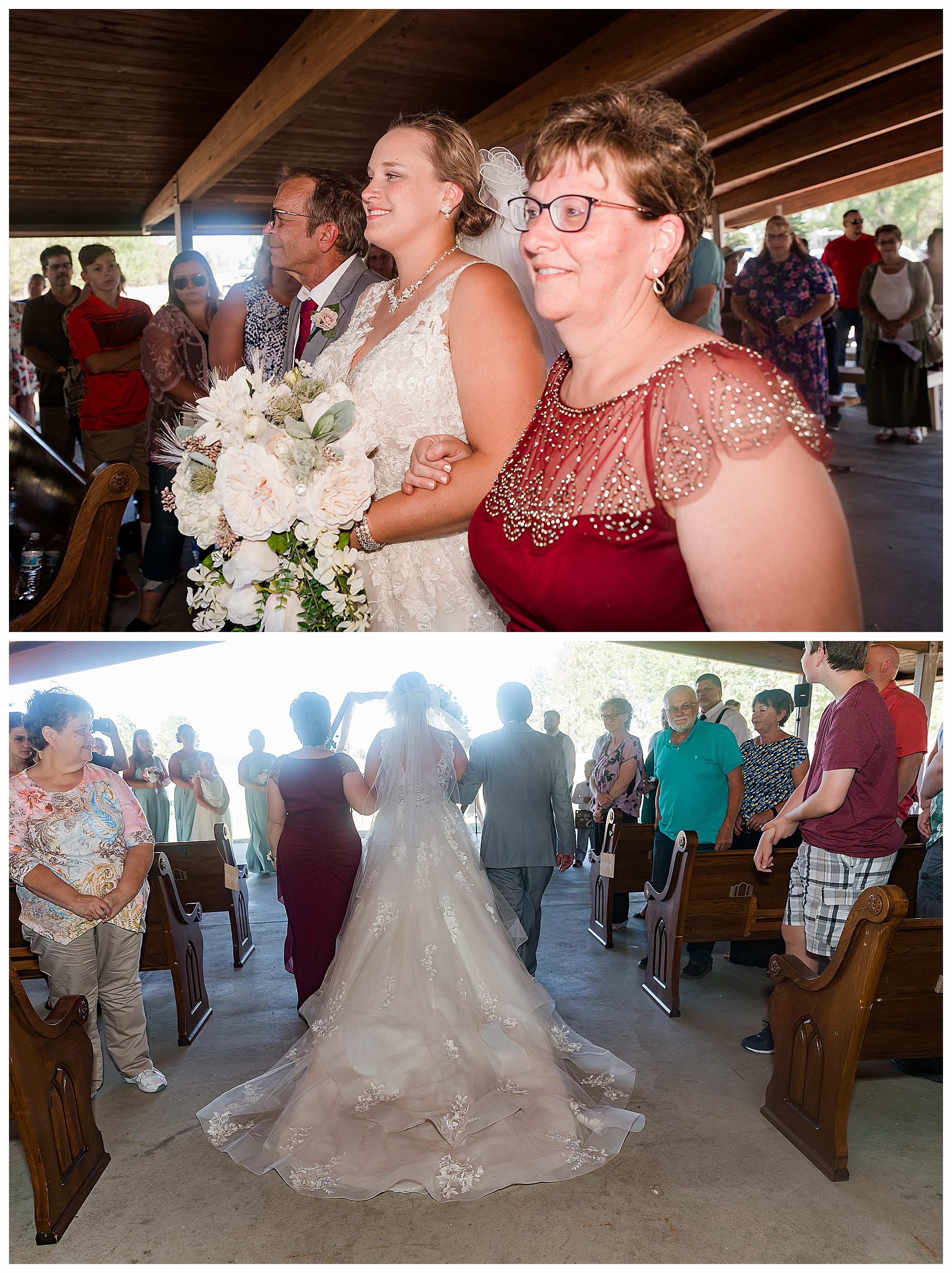 bride walks down aisle at summer wedding at the lake