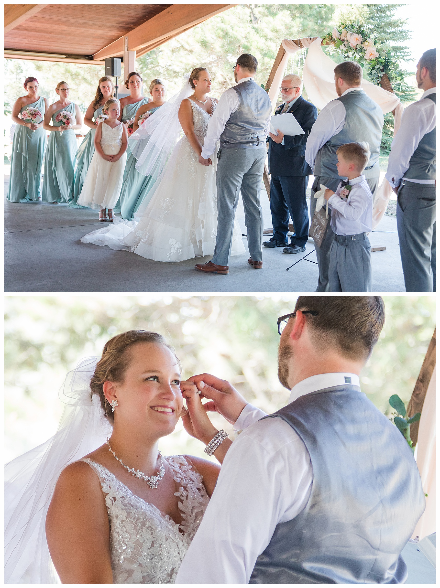 grooms touches brides face during wedding ceremony 