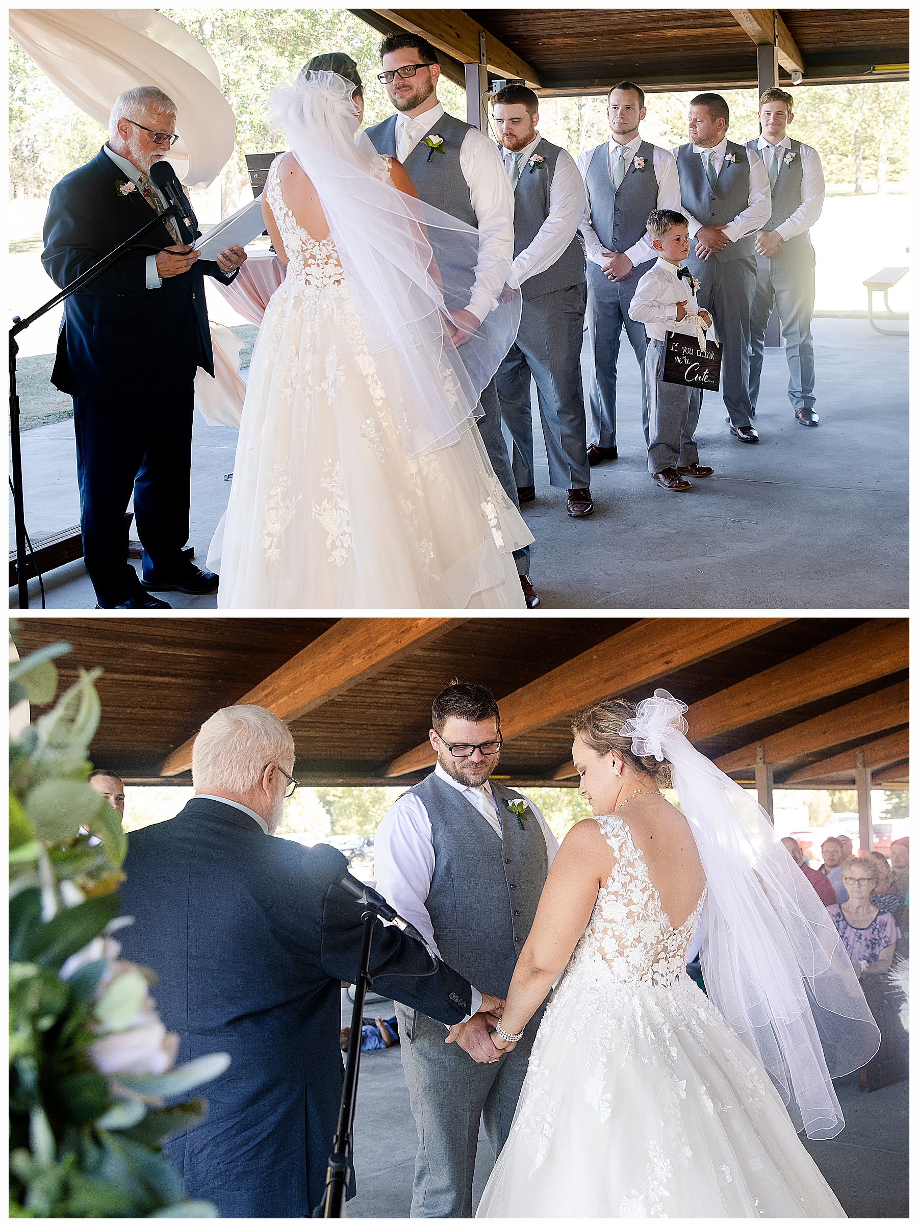 Bride and groom pray with pastor during wedding ceremony