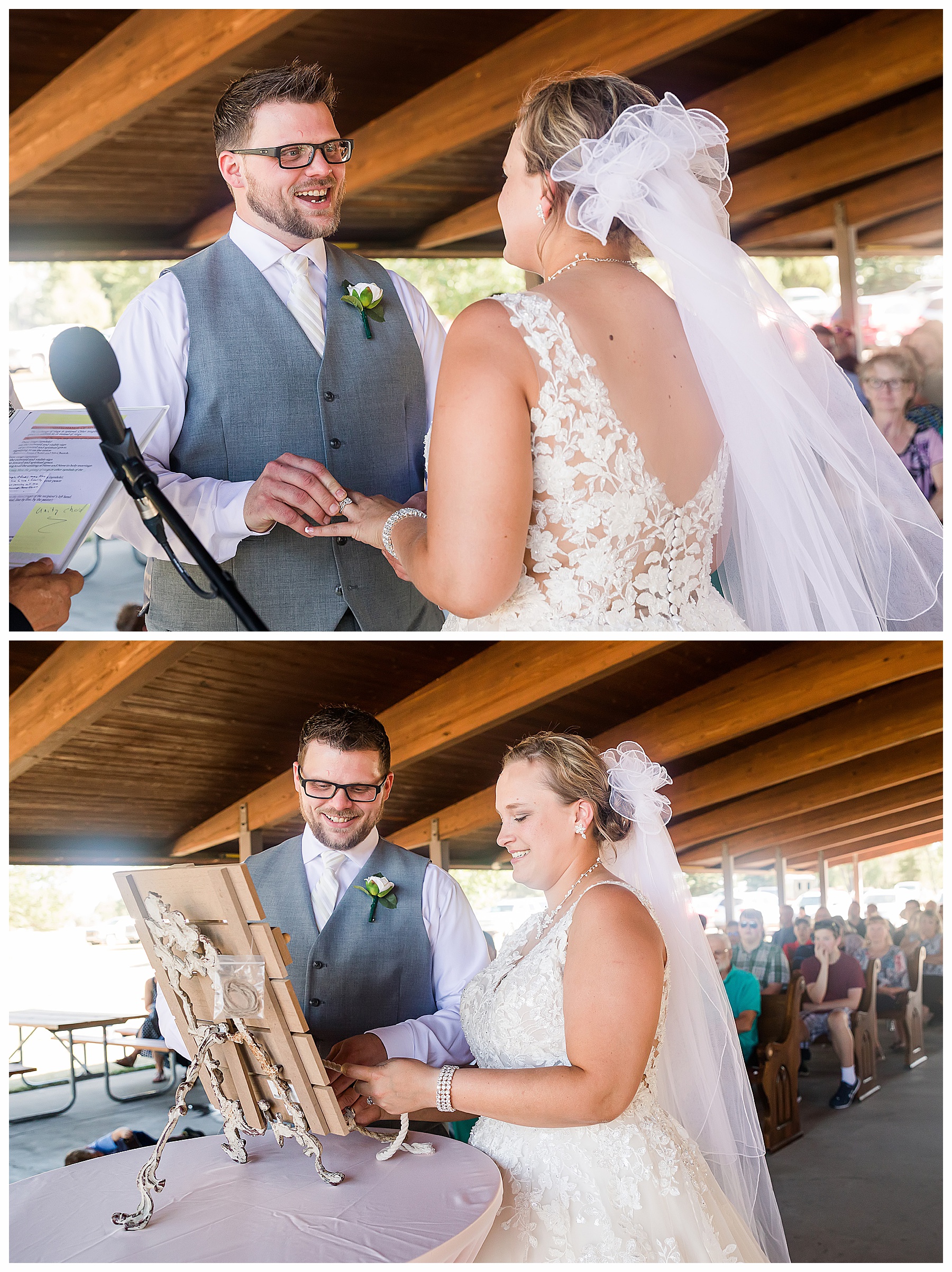 bride and groom laugh during wedding ceremony.  Summer wedding at Lake Sakakawea