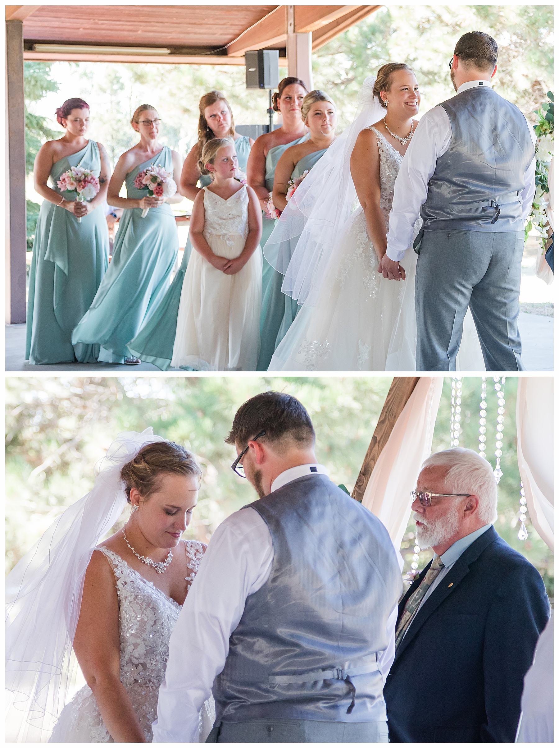 Bride and bridesmaids during ceremony at summer wedding at the lake