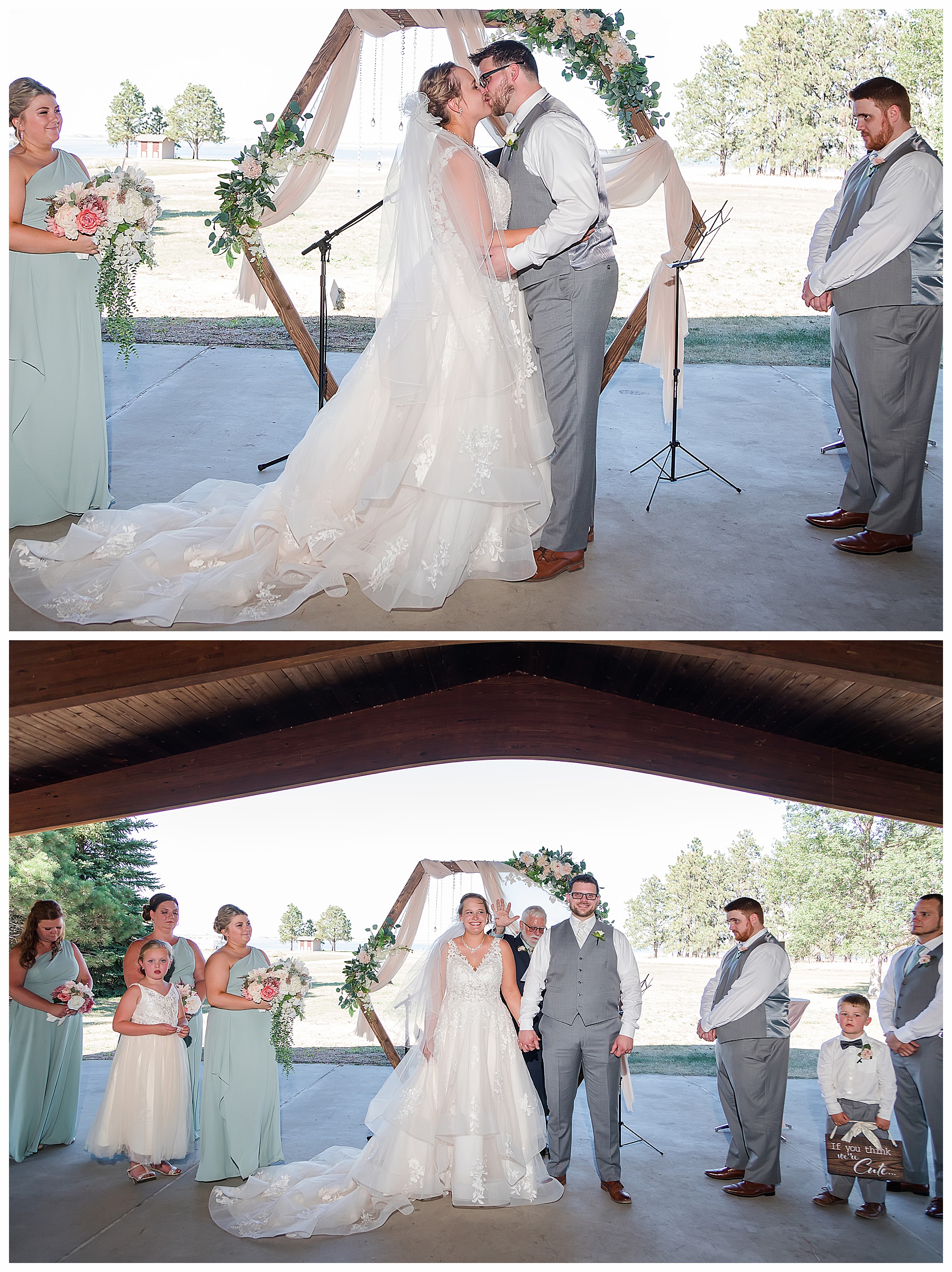 bride and groom kiss after wedding ceremony at the lake