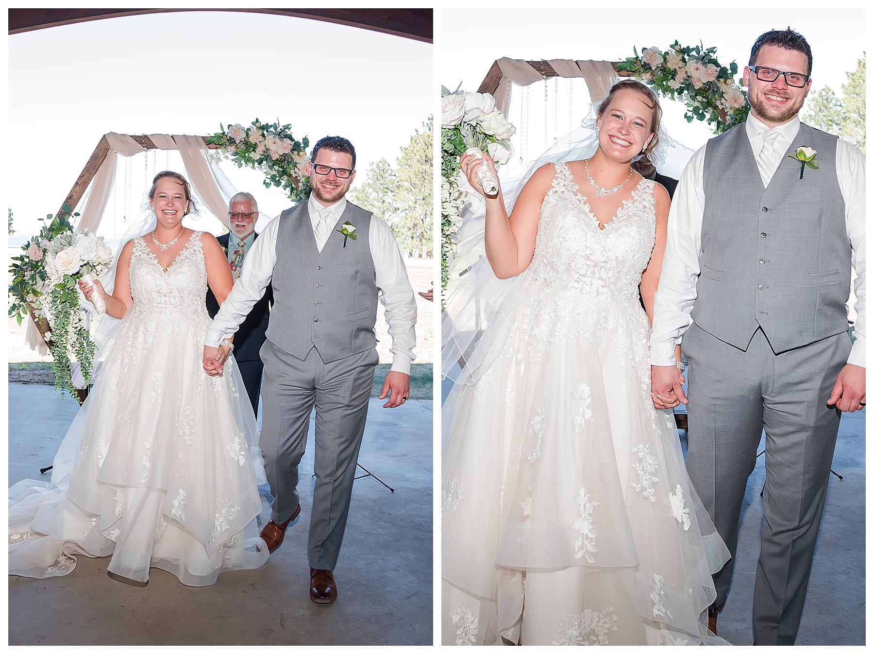 bride and groom walk back up the aisle at wedding at the lake