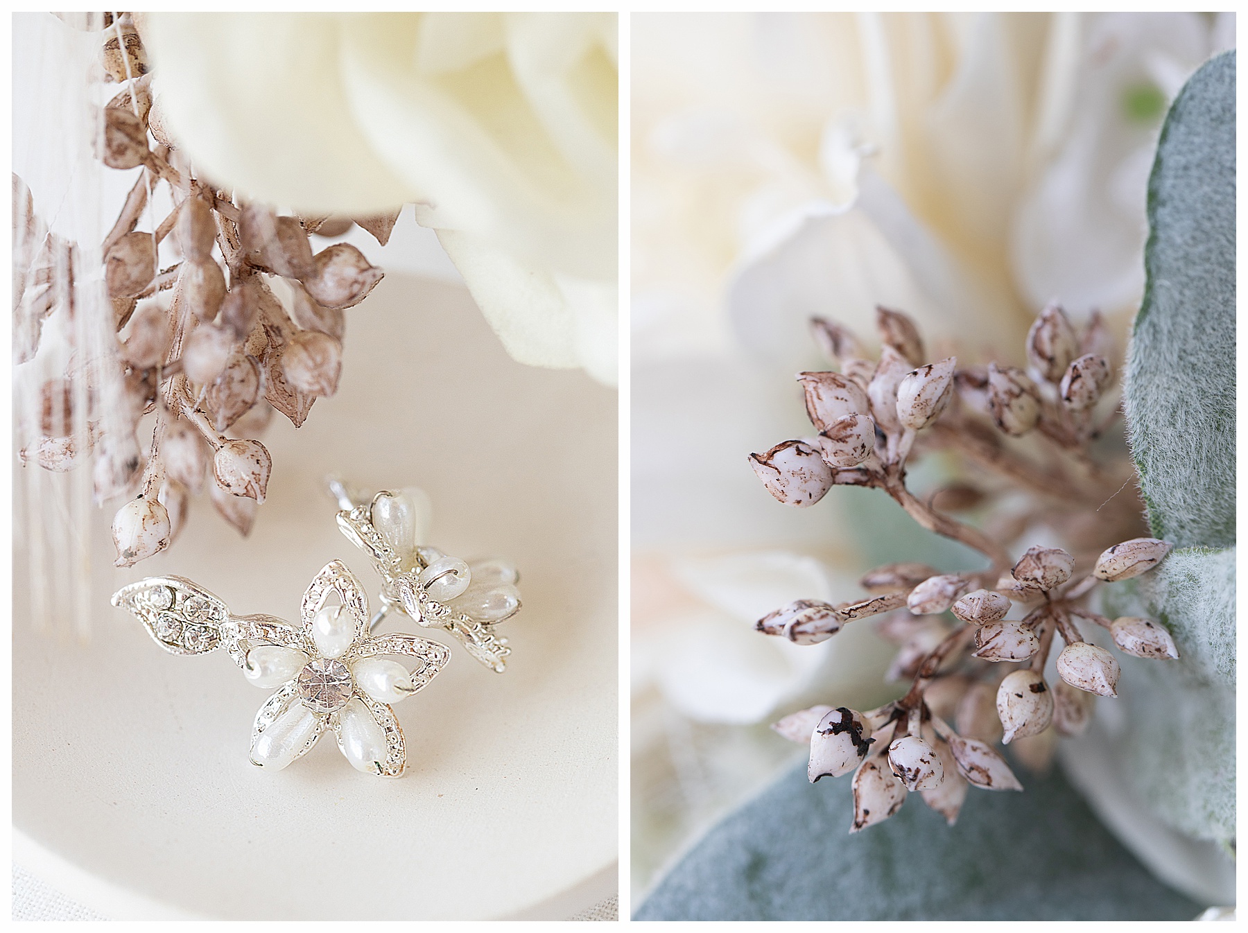 close up photo of brides earrings with bouquet as background