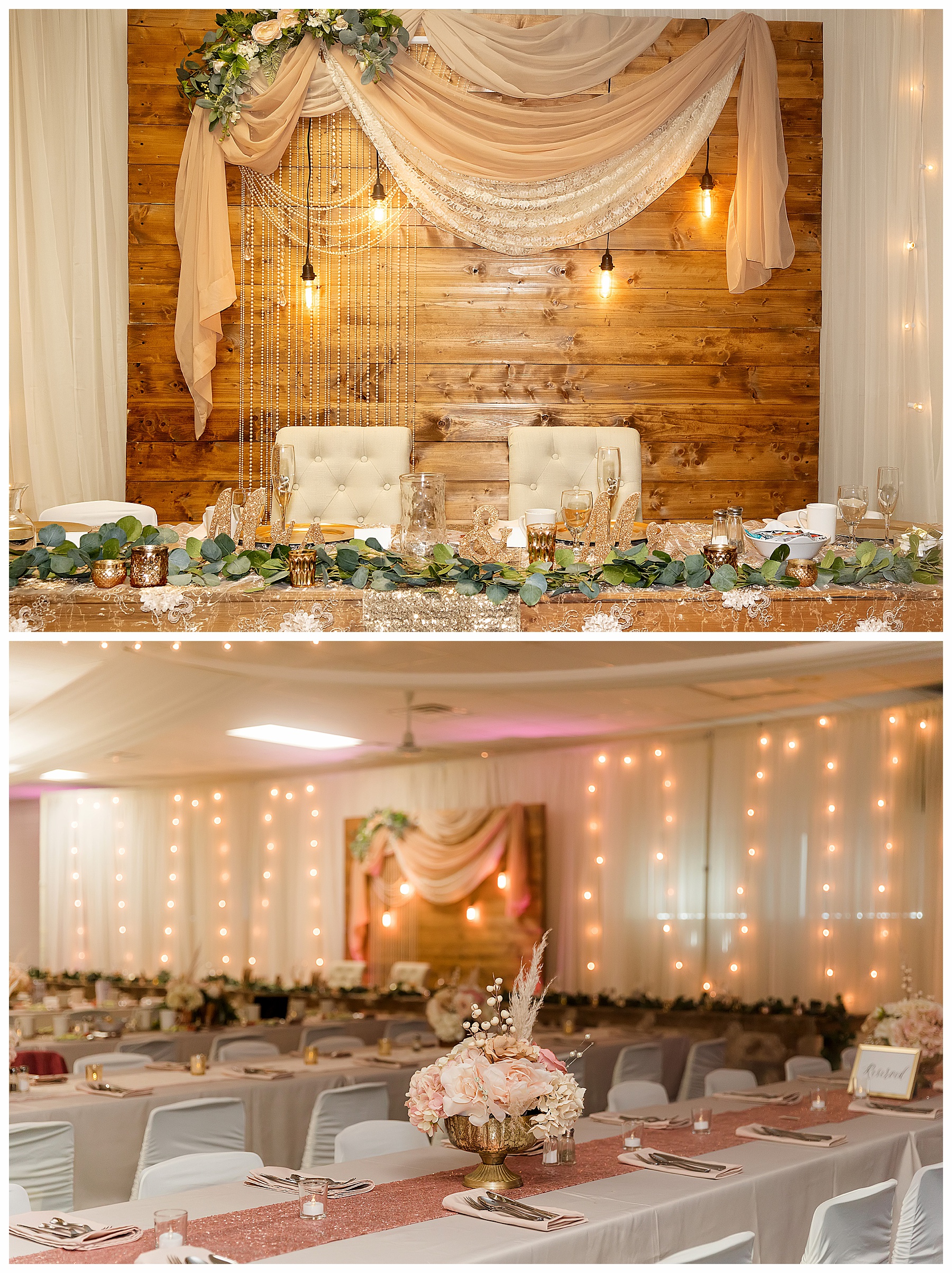 head table at reception with wood backdrop