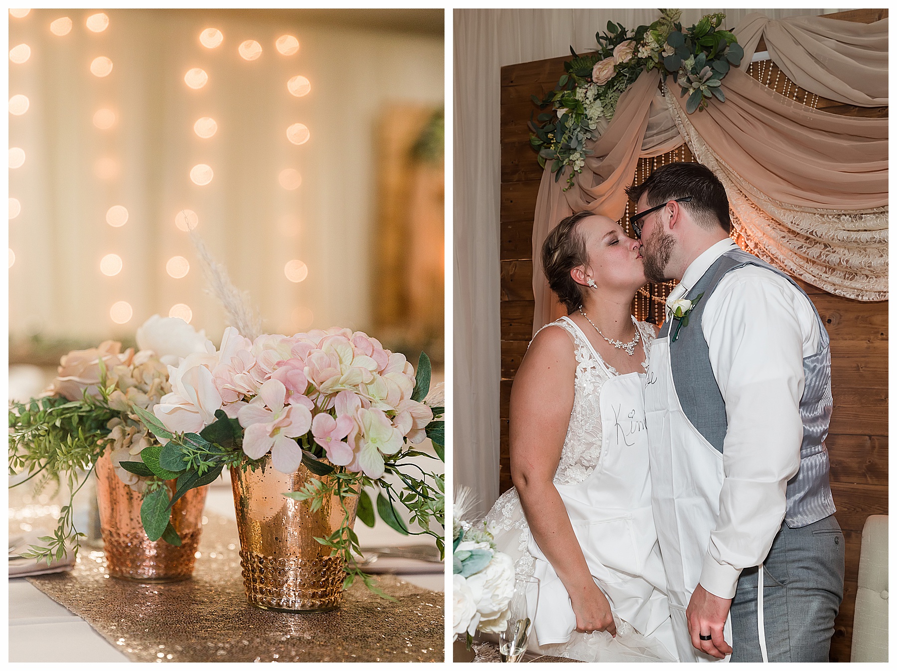 bride and groom kiss at reception