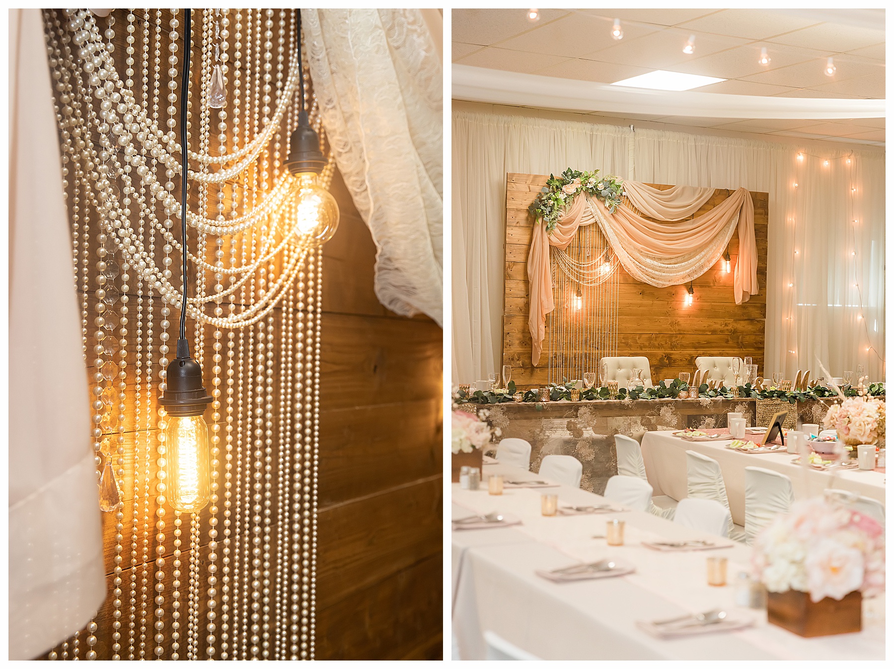 Close up of pearl backdrop at wedding reception