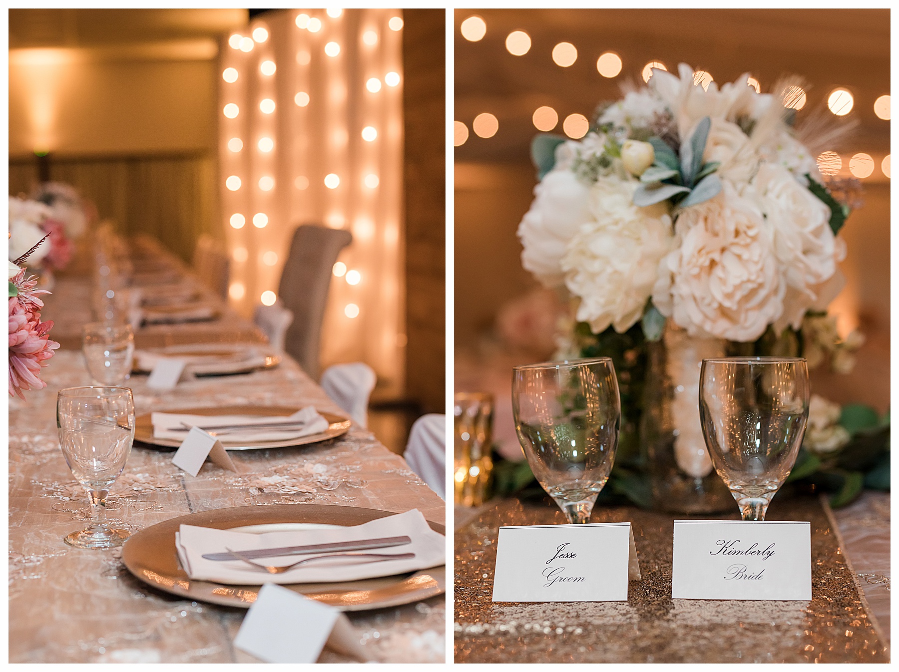 close up of gold and rose head table decor at wedding reception