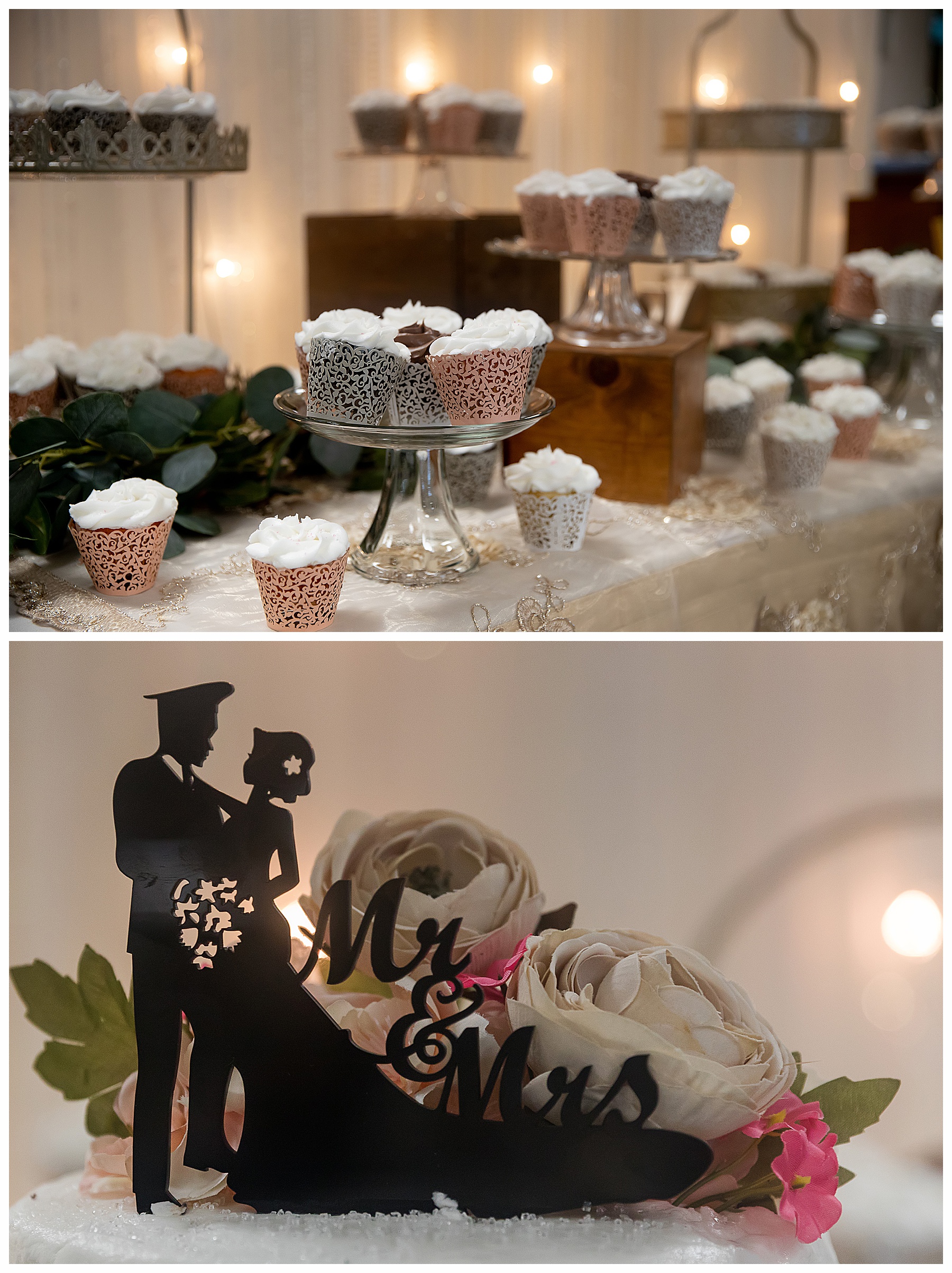 close up of cupcake table and cake topper at wedding reception
