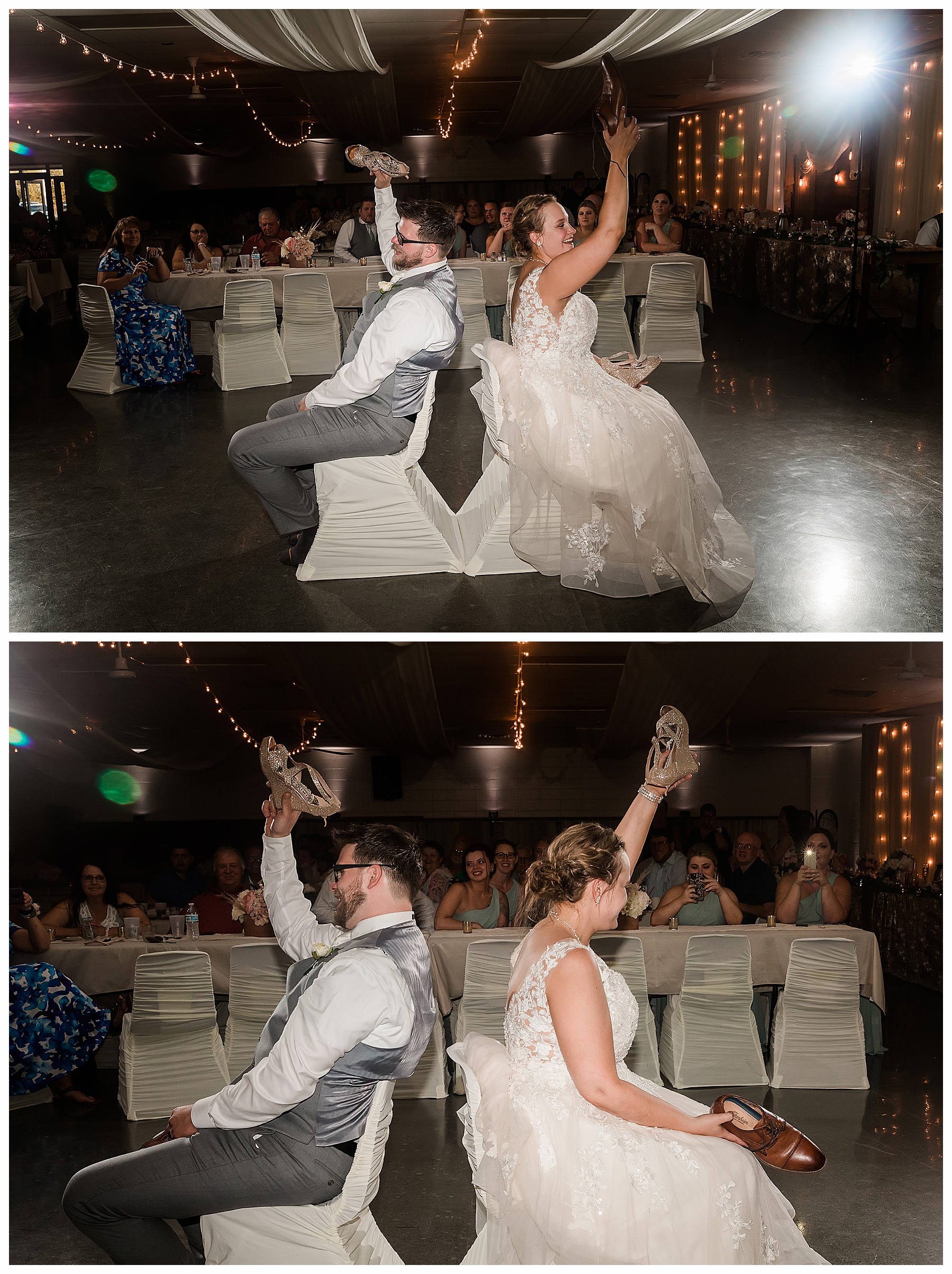 bride and groom play shoe game during wedding reception