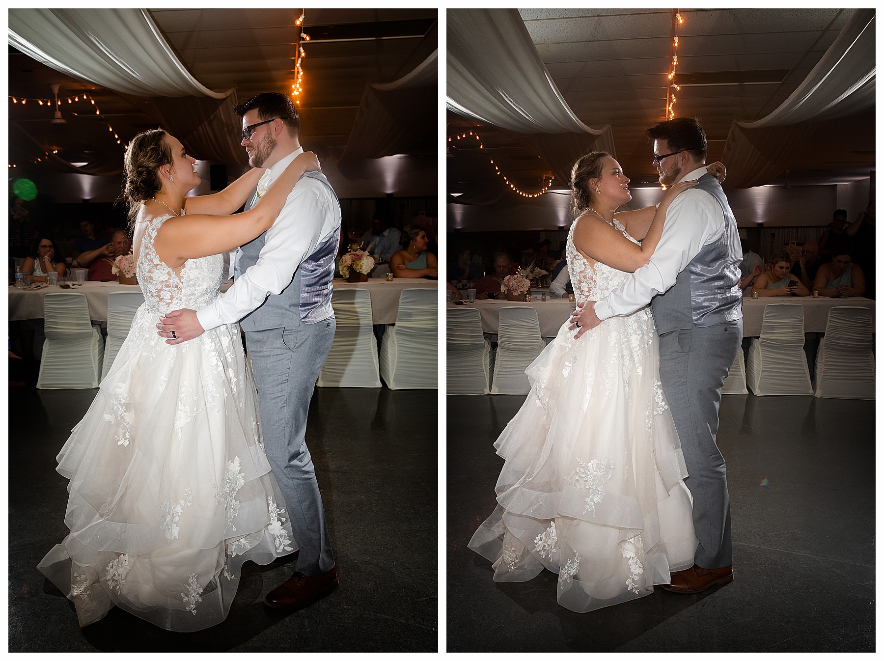 bride and groom first dance at wedding reception