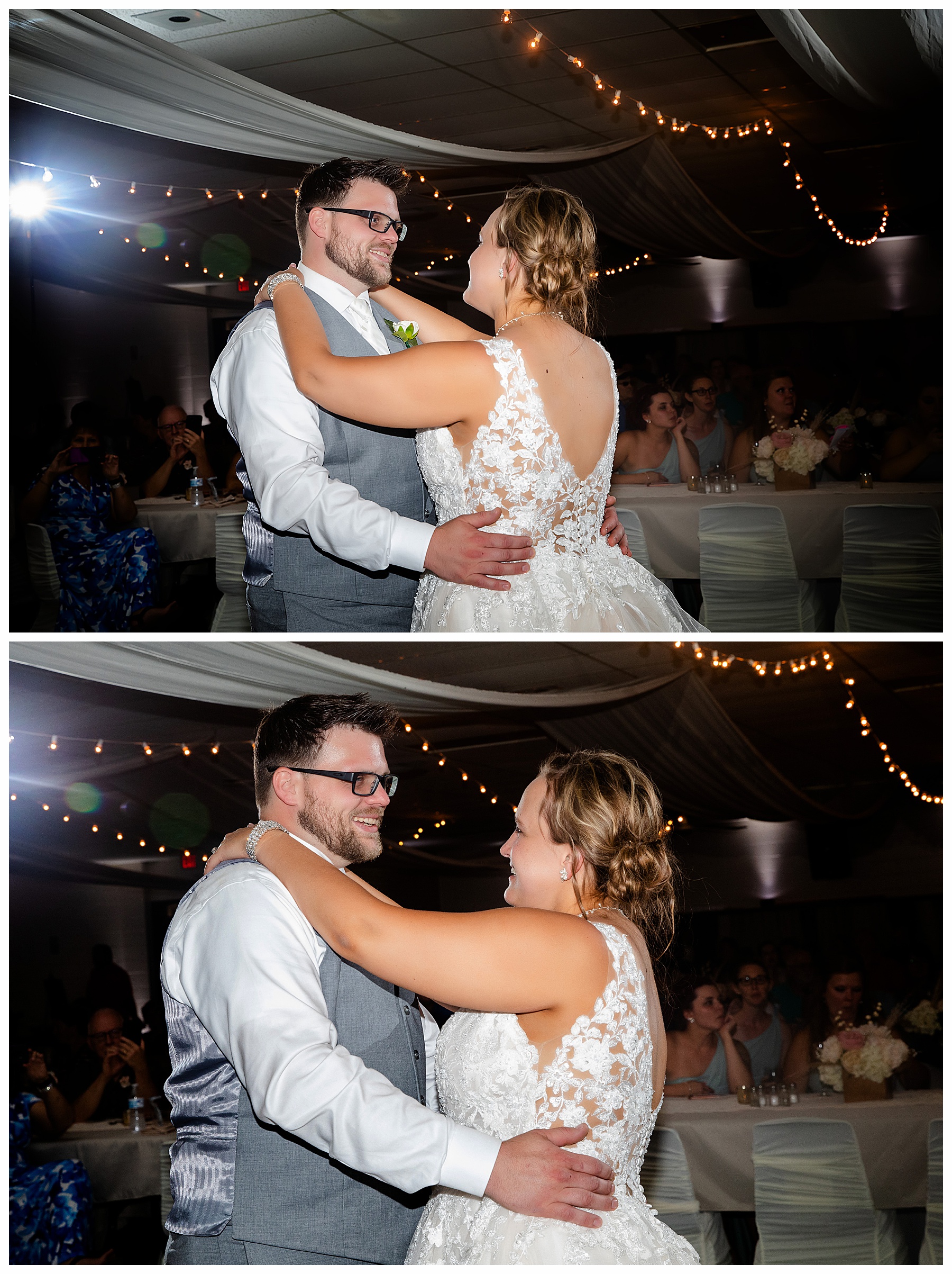 bride and groom first dance at wedding reception