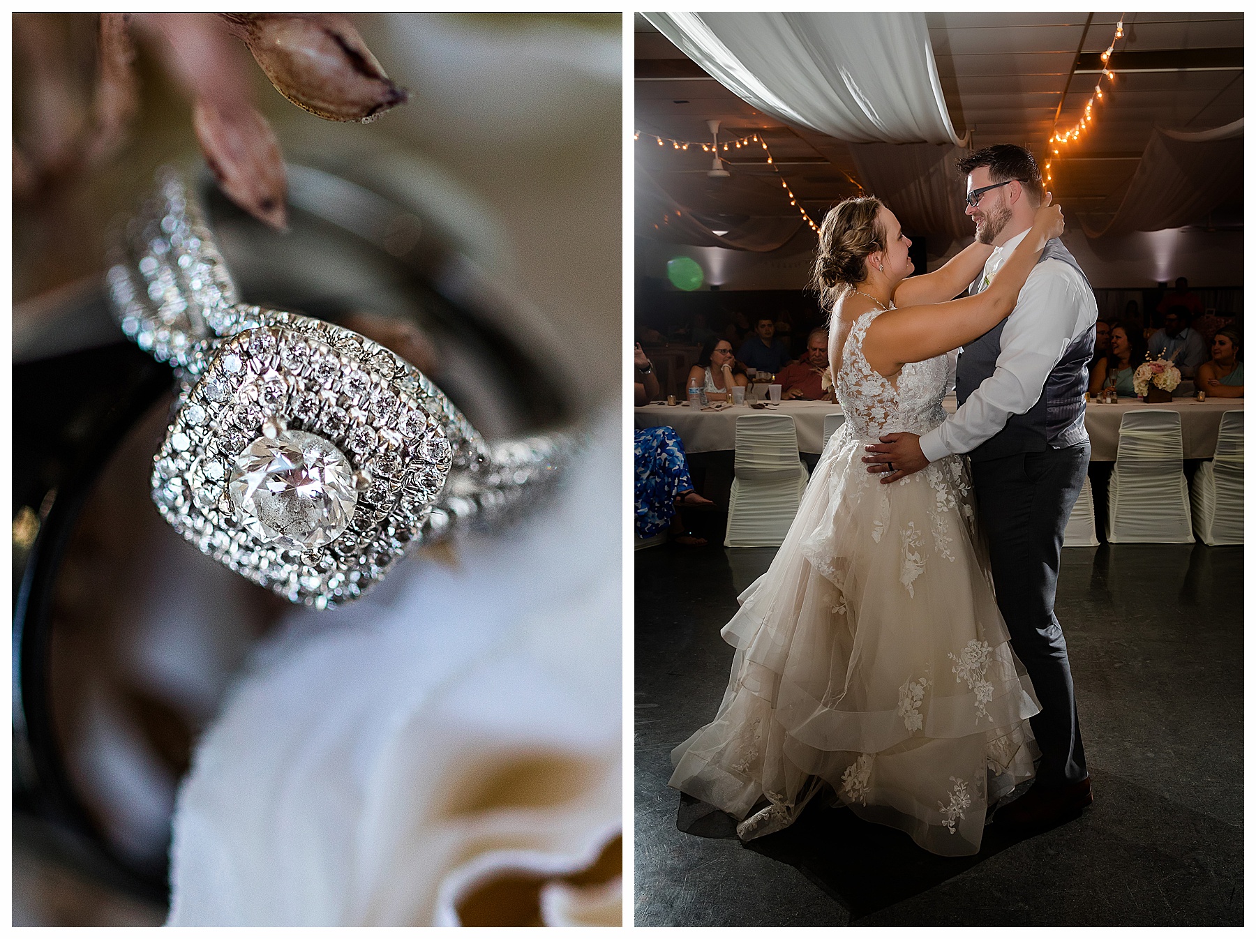 bride and groom first dance at wedding reception