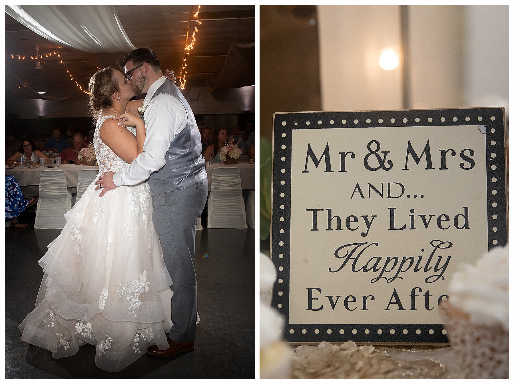 bride and groom kiss during first dance at  wedding reception