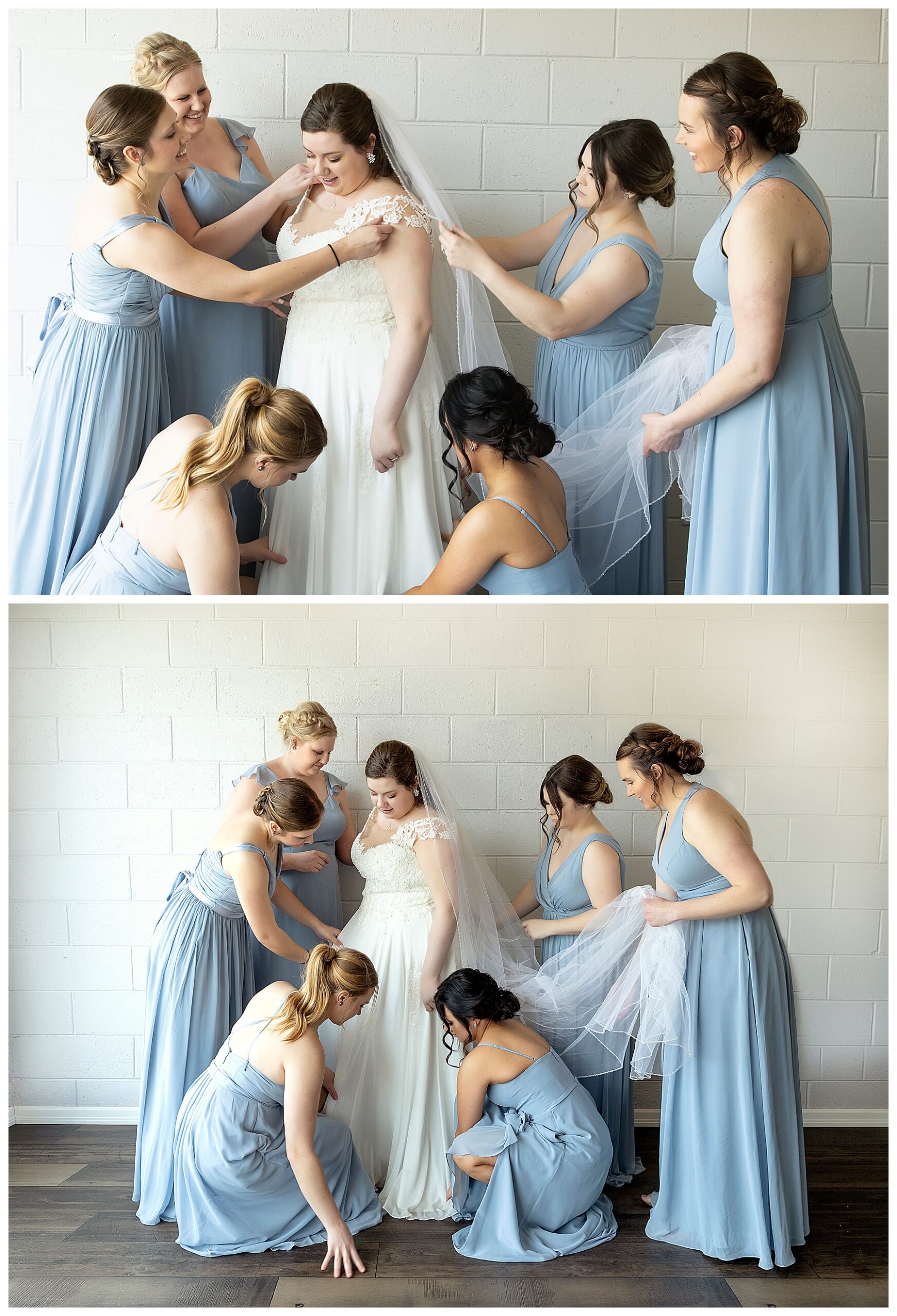 Brides maids dressed in blue help bride get ready