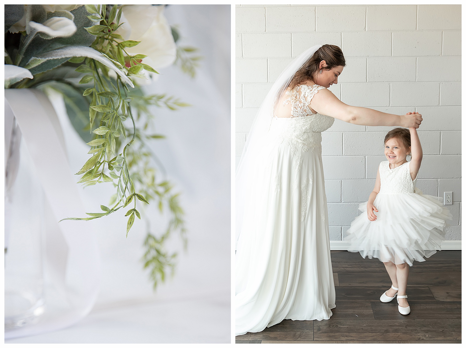 Bride twirls flower girl