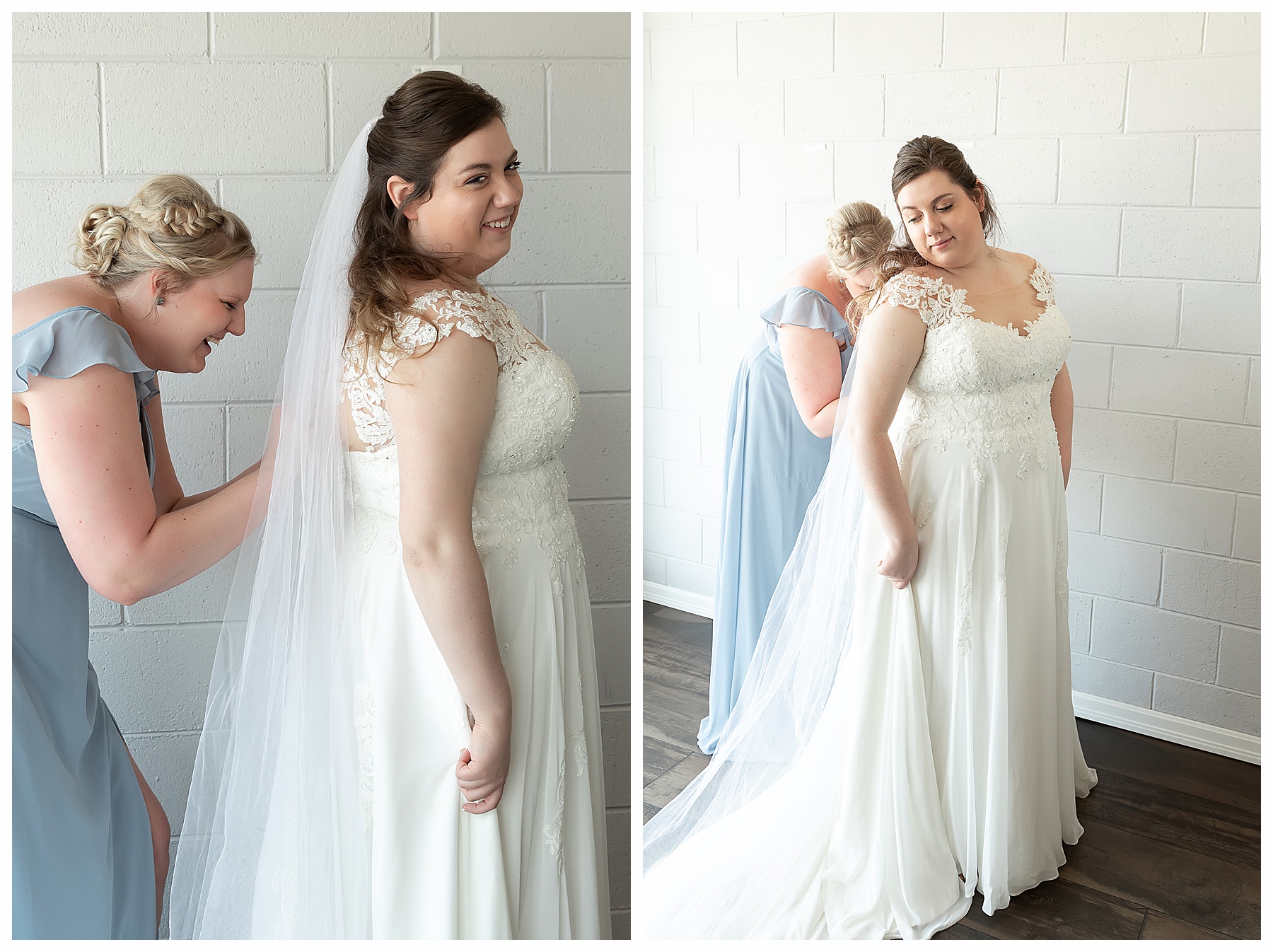 Bridesmaid helps bride button dress