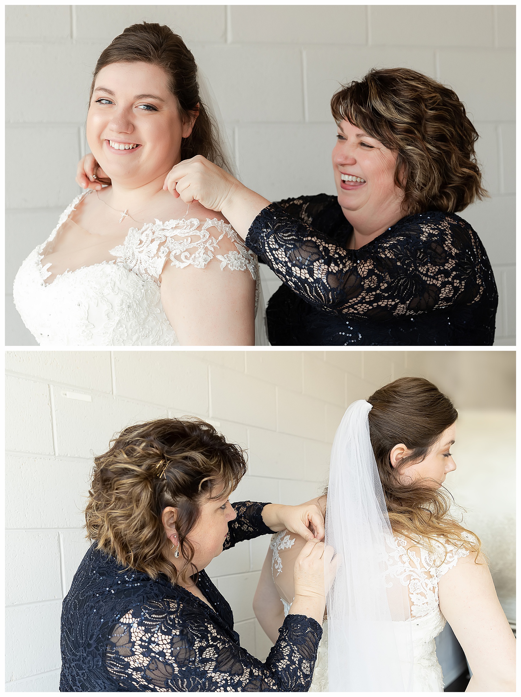 Mother laughs as she gets daughter into wedding gown