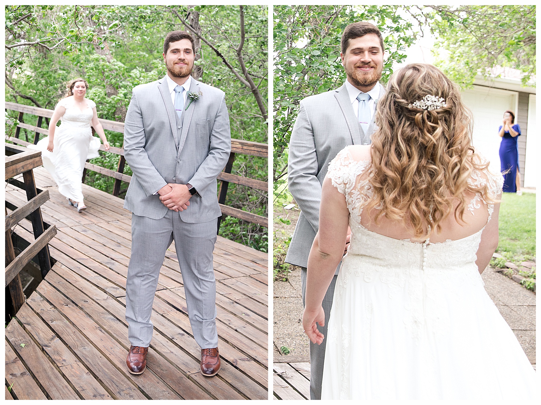 Bride and Grooms first look with mom watching in background
Special Hazen Wedding