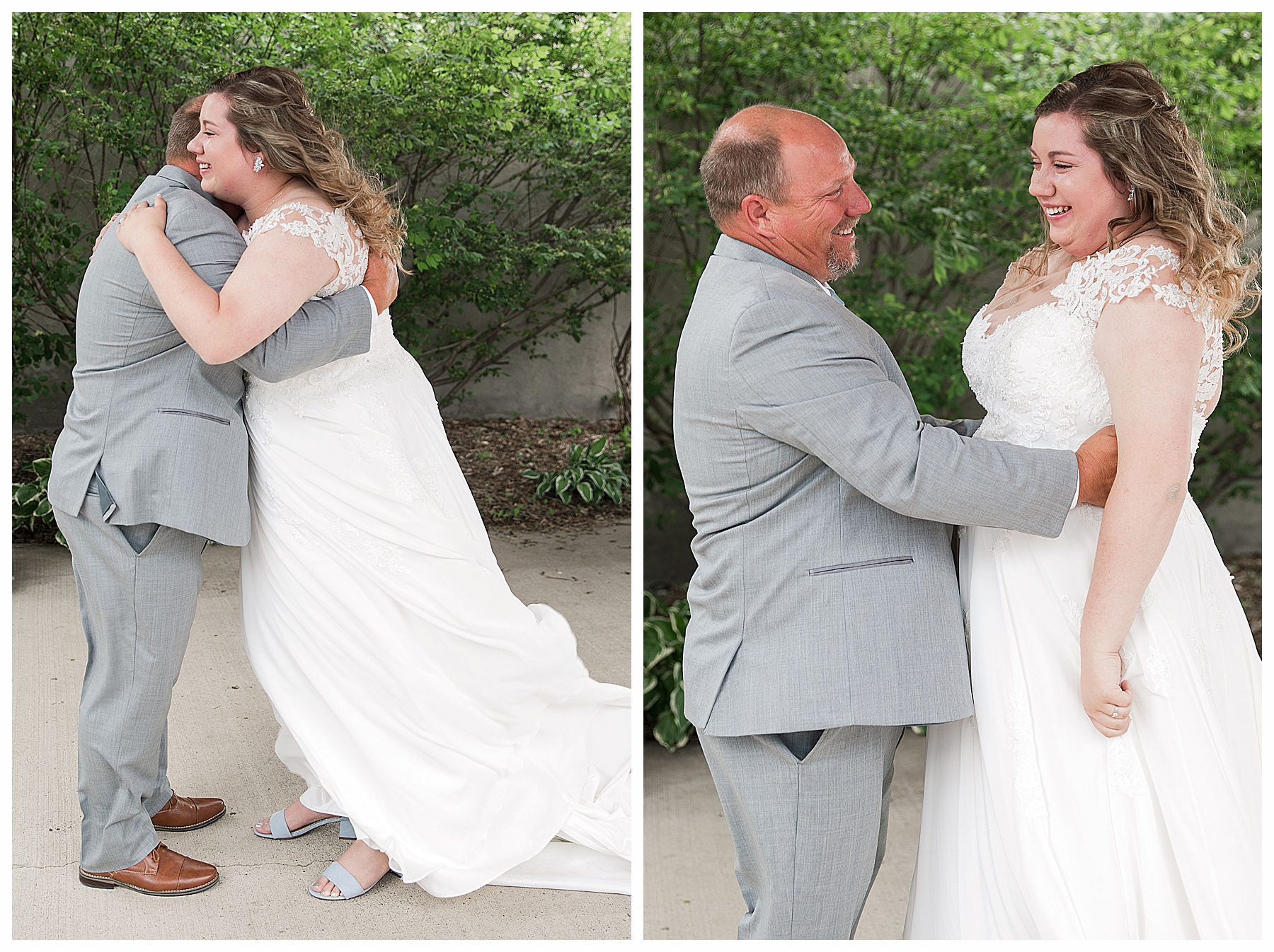 Bride and father hug during first look