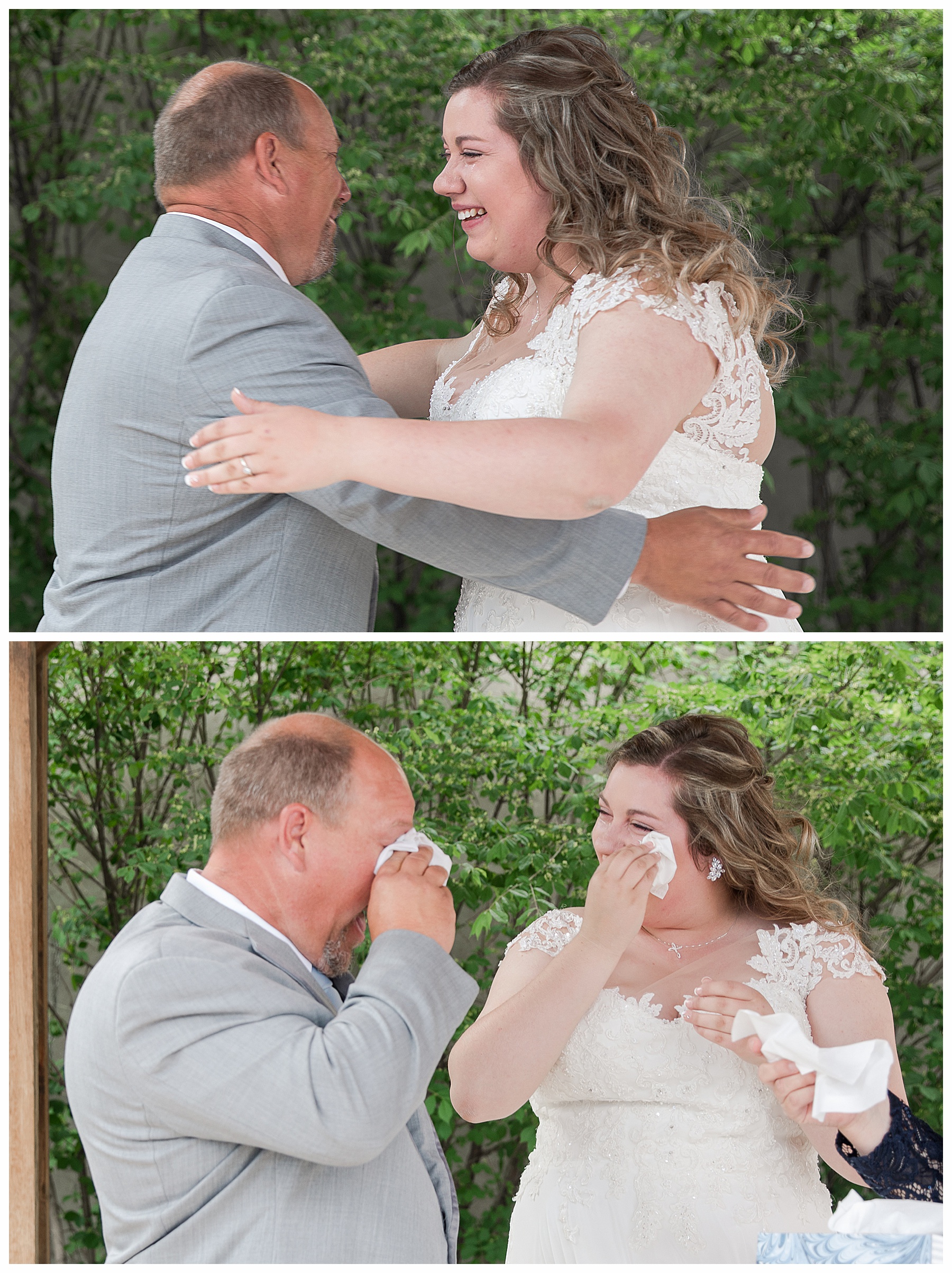 Bride and father of the bride wipe tears from their eyes