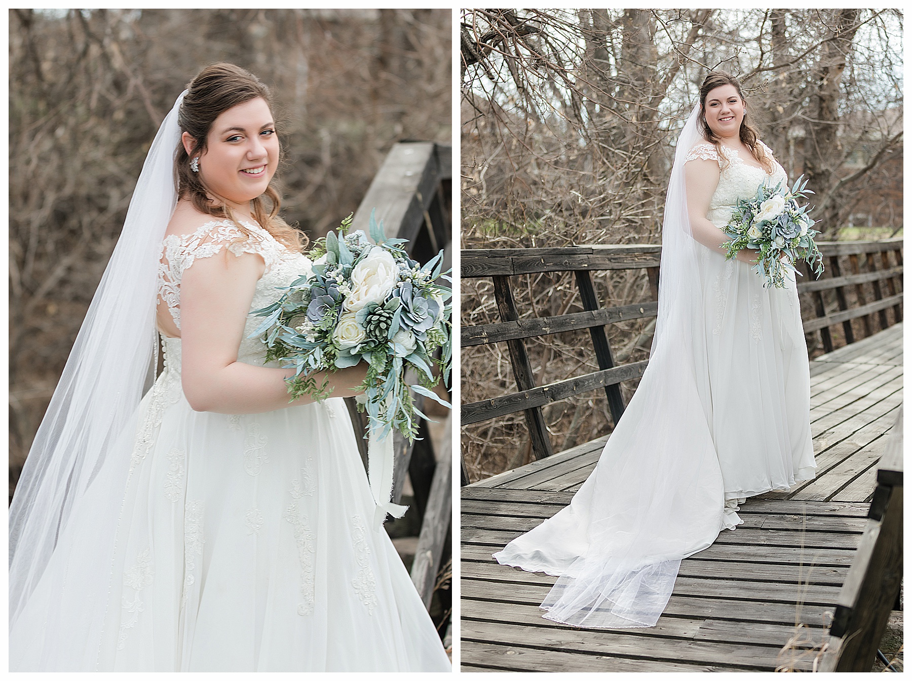 Bride with blue and green succulent bouquet pose on bridge
