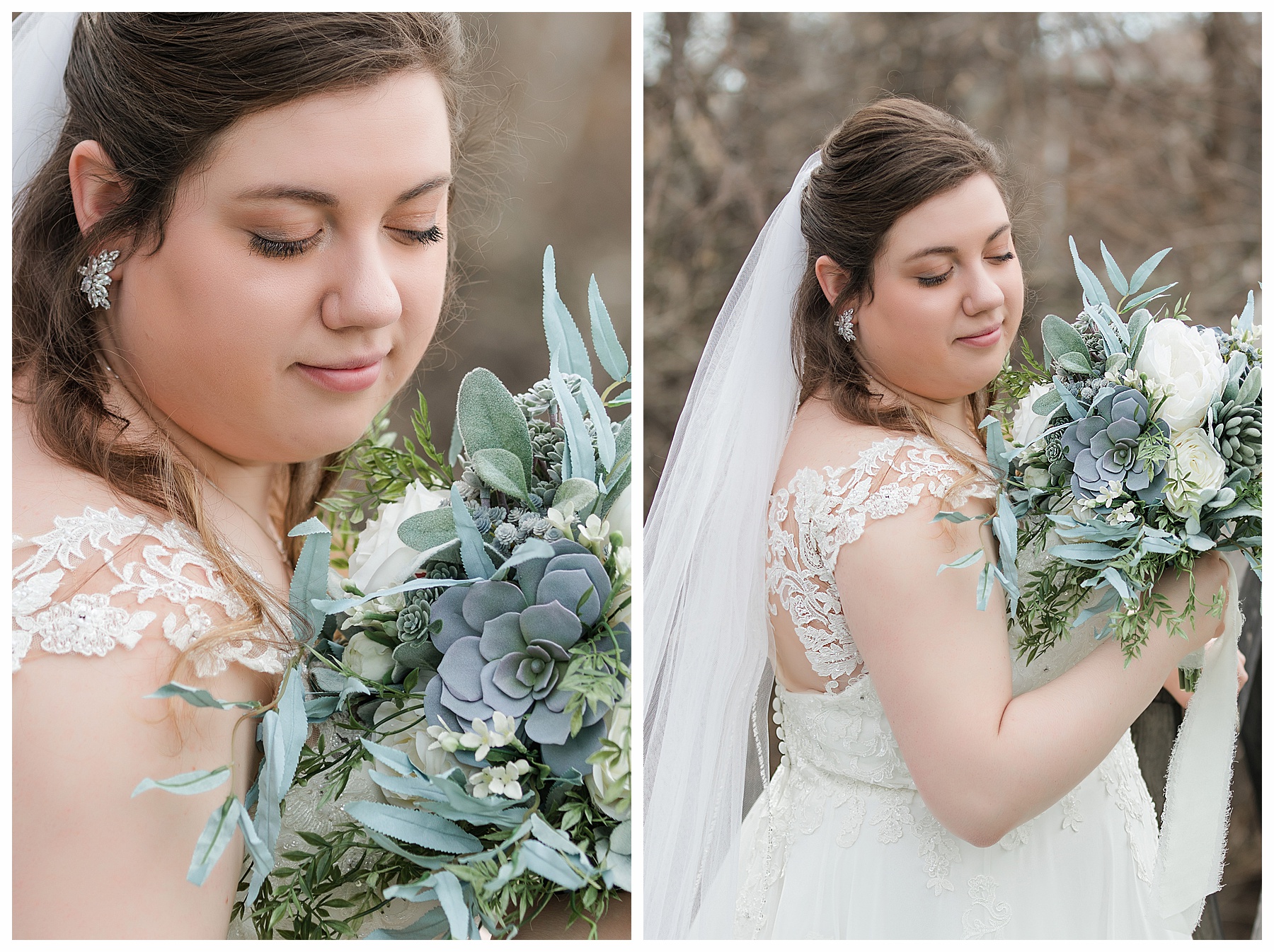 Close up of bride with succulent bouquet