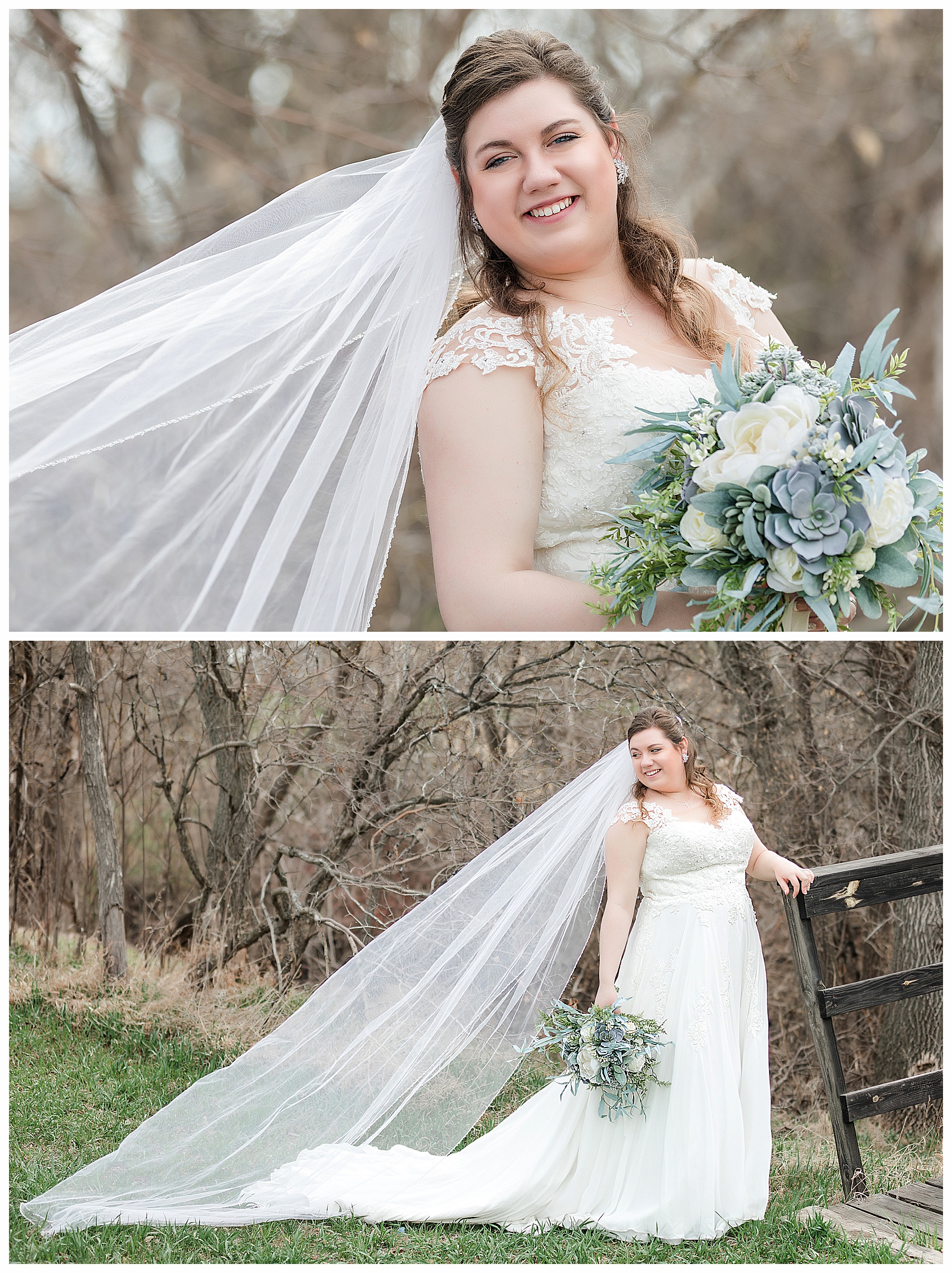 Bride with blue and green succulent bouquet pose on bridge
Special Hazen Wedding