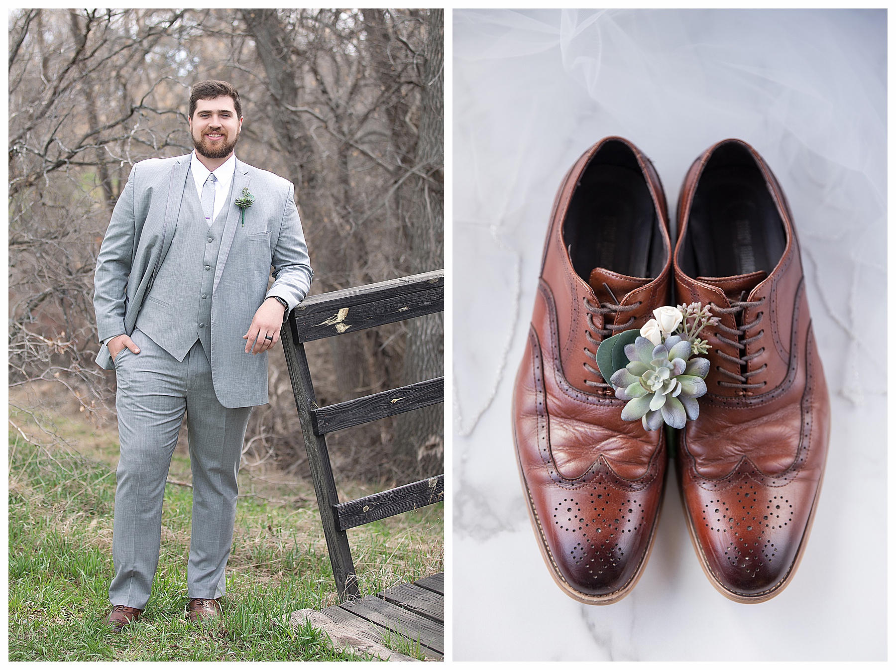 Groom's portraits wearing grey suit and succulent bout