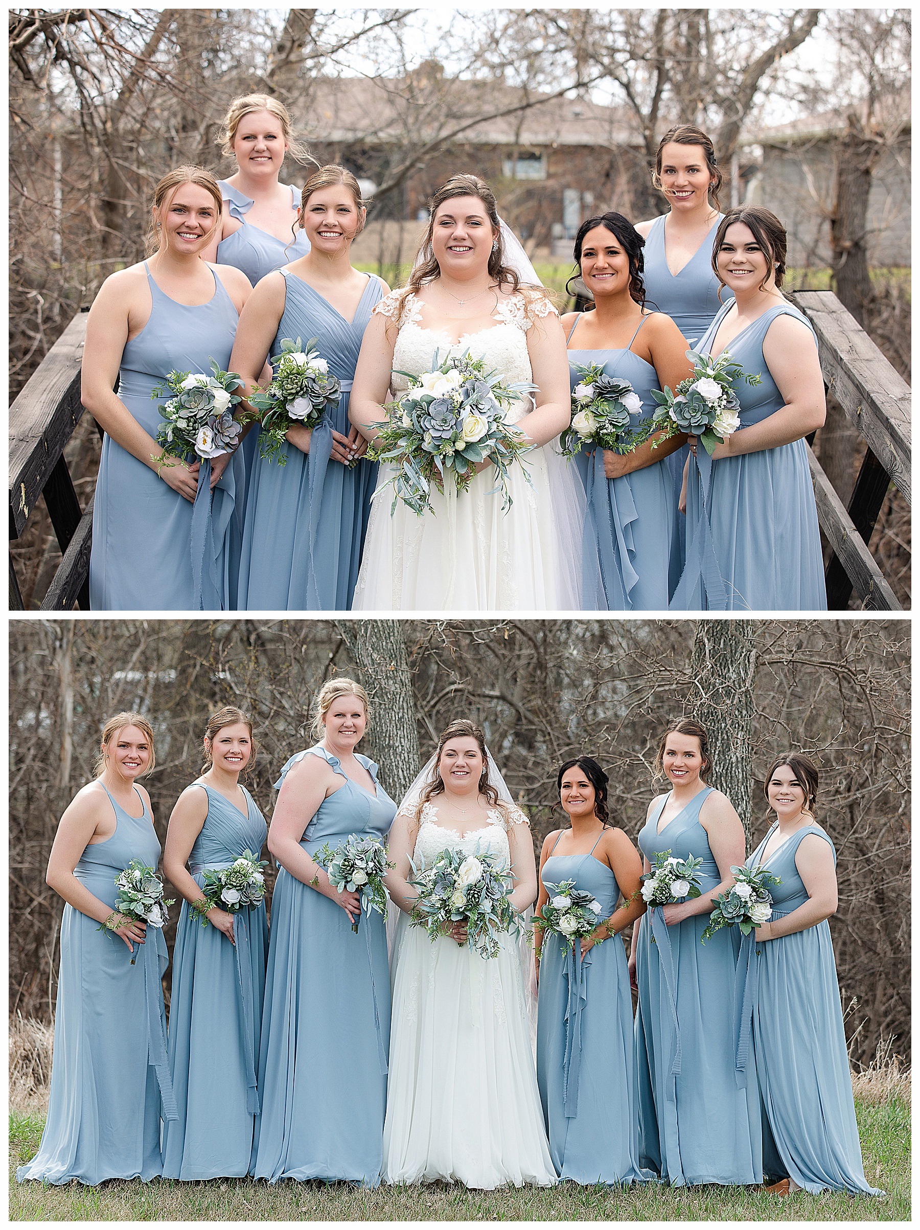 Bride and Bridesmaids wearing blue with succulent bouquet. Special Hazen Wedding