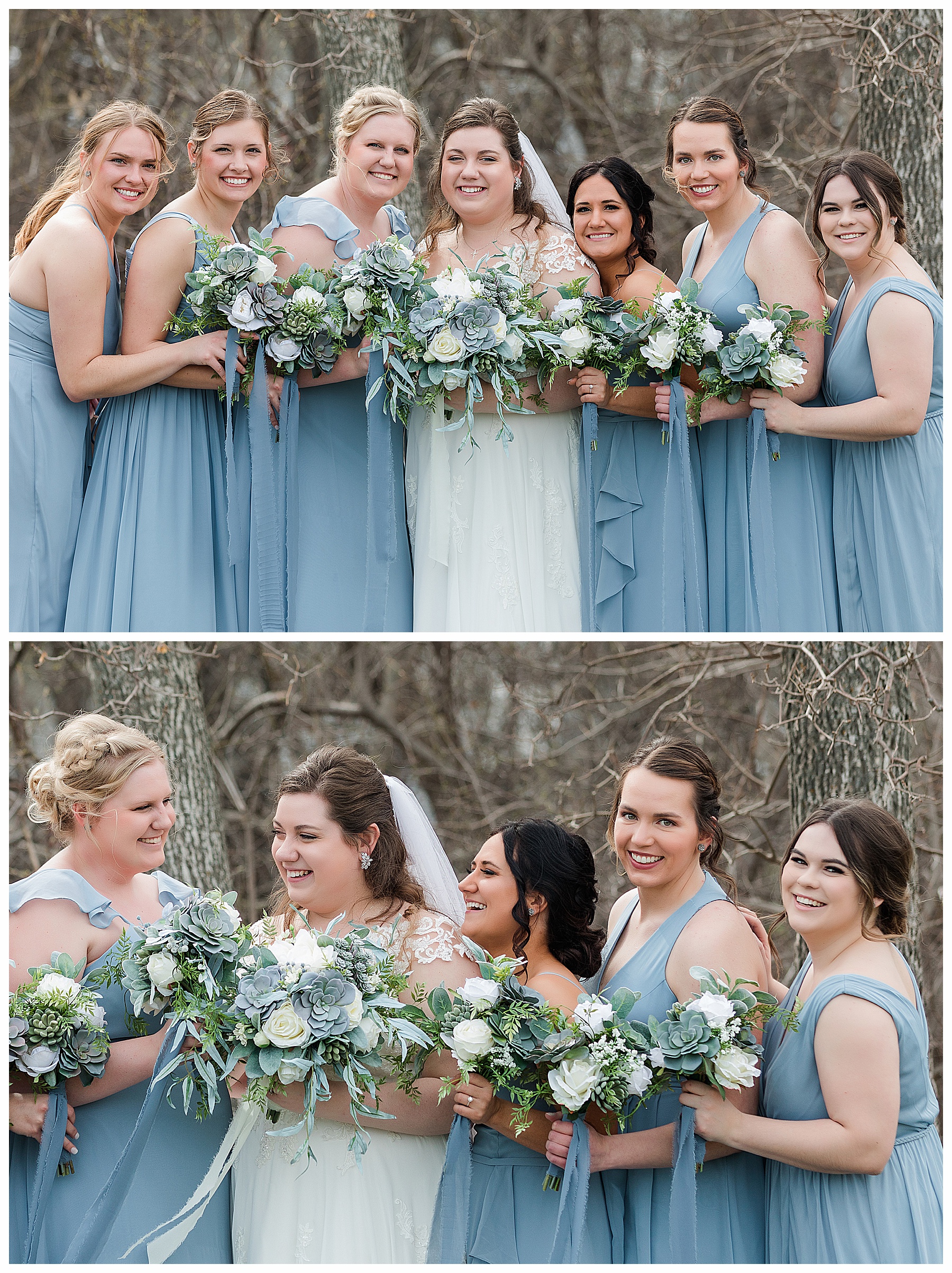 Bride and Bridesmaids wearing blue with succulent bouque