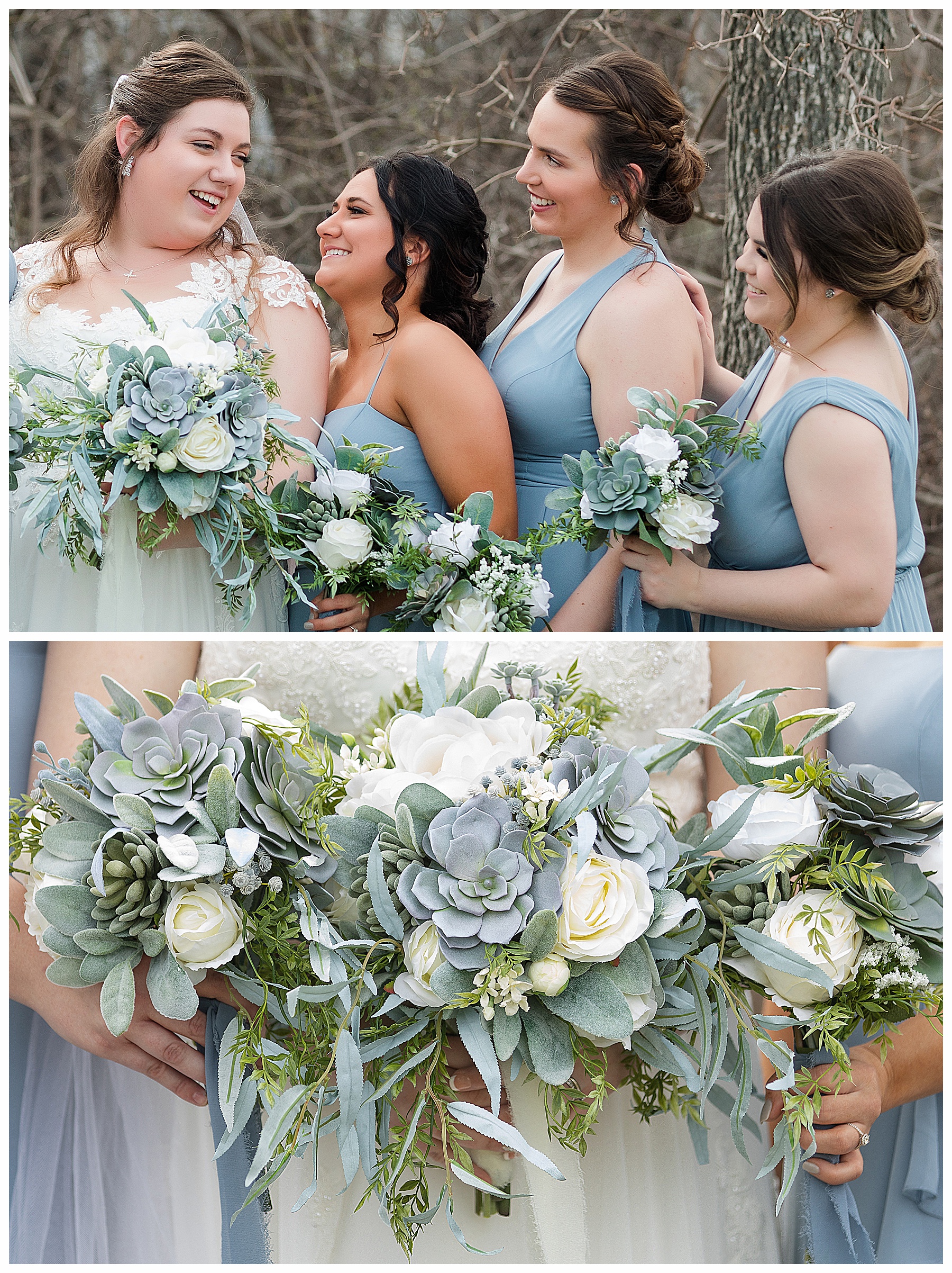 Bride and Bridesmaids wearing blue with succulent bouque