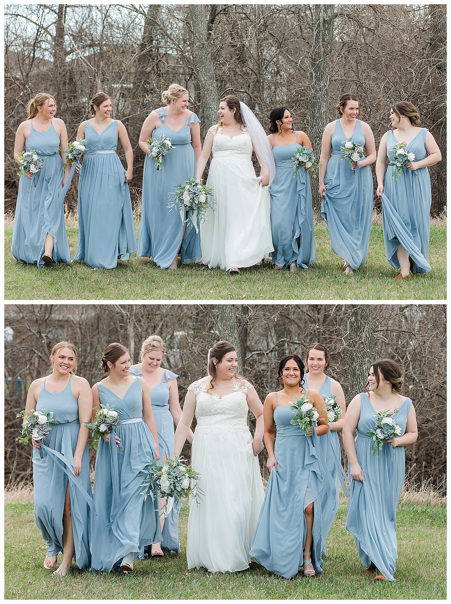 Bride walking with Bridesmaids wearing blue with succulent bouquet. Special Hazen Wedding