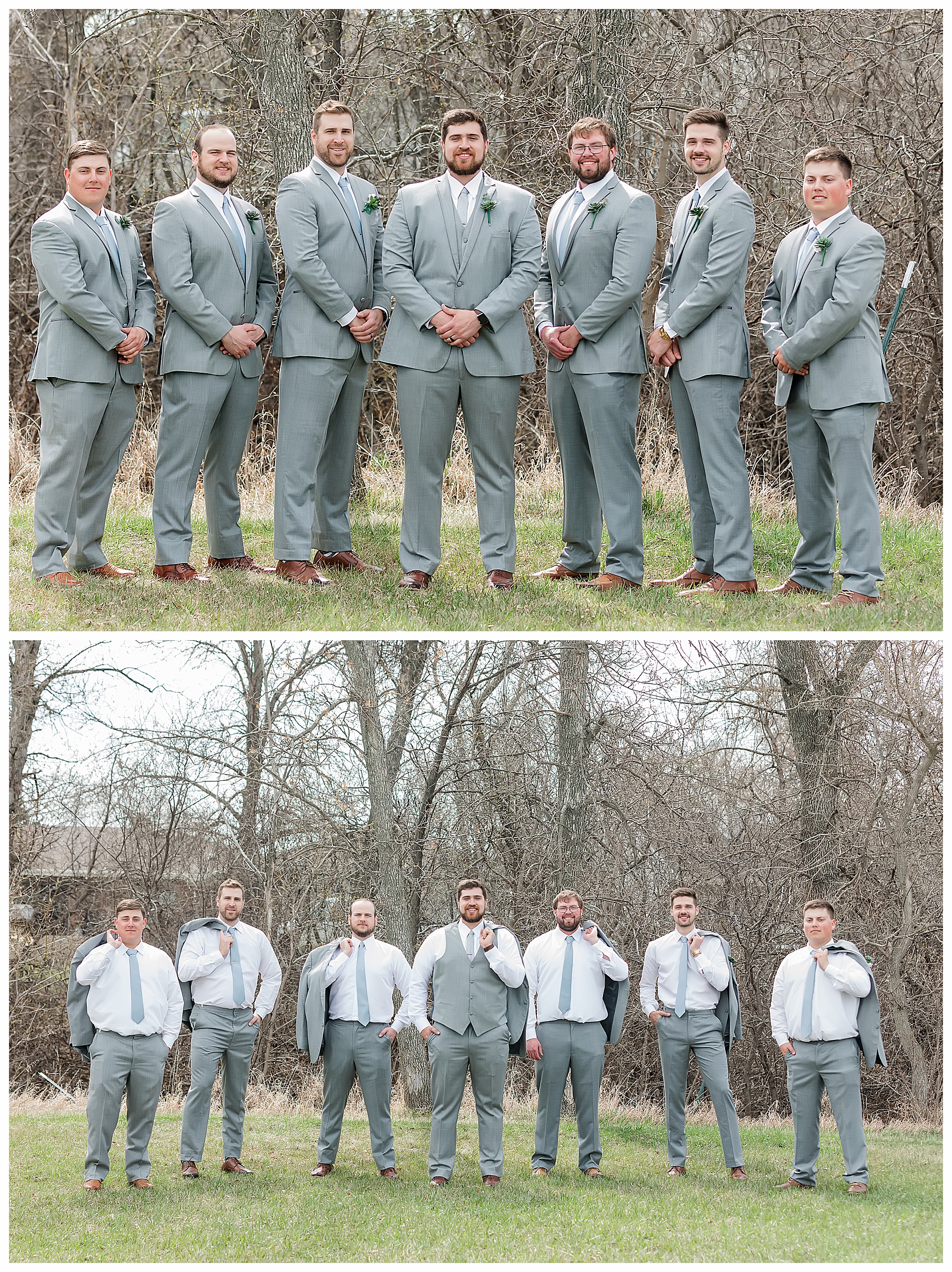 Groom and Groomsmen wearing grey suits and blue ties