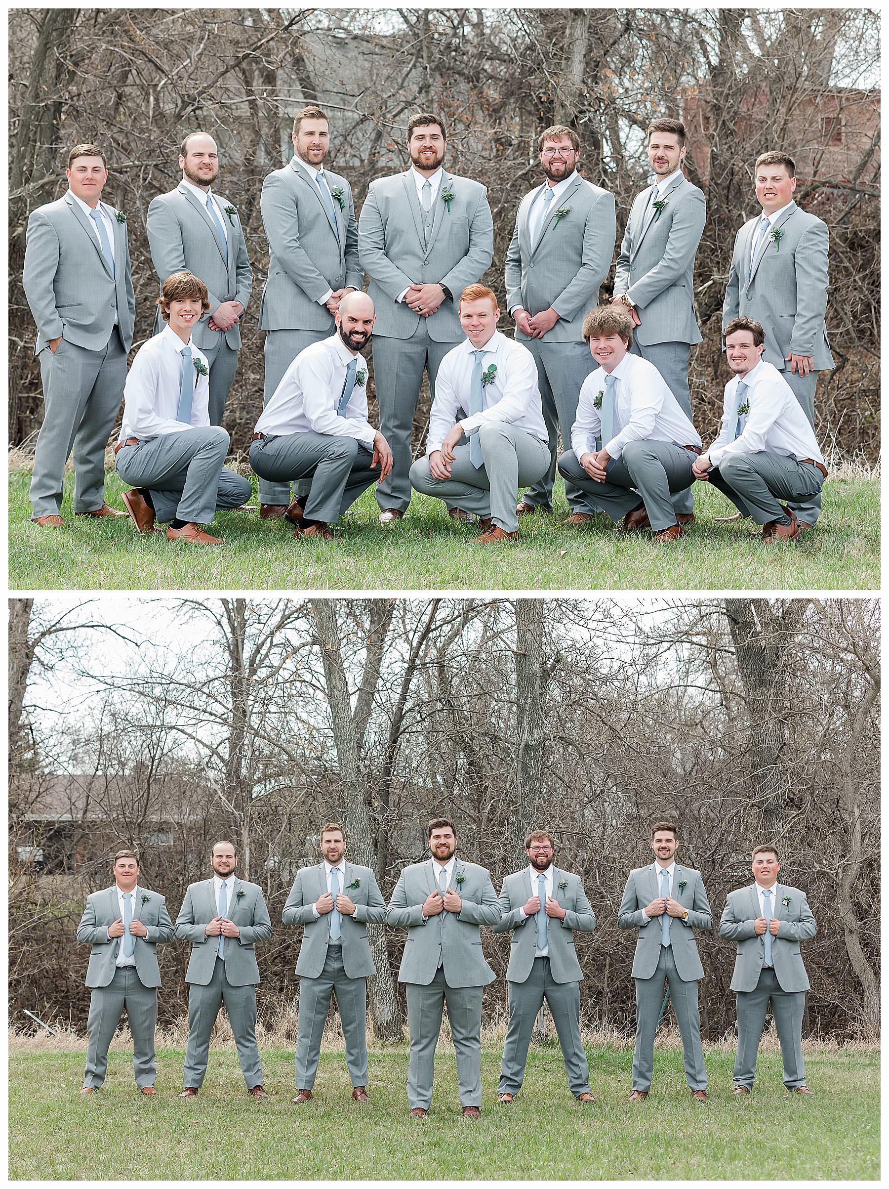 Groom and Groomsmen wearing grey suits and blue ties