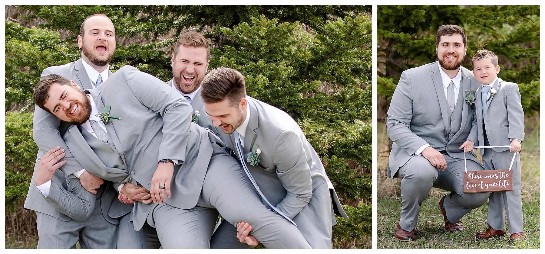 Groom and brothers laughing and goofing around