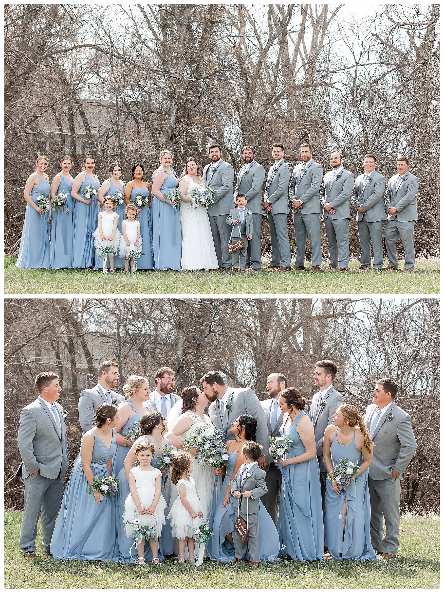 bridal party in blue and grey watching bride and groom kiss. Special Hazen Wedding